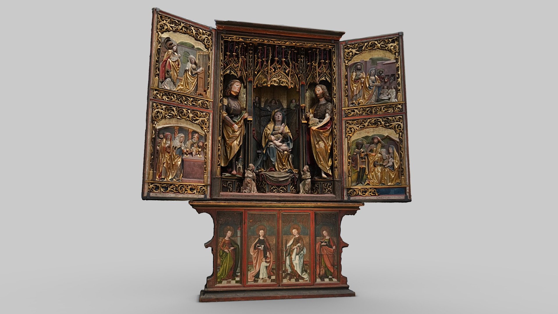 A wooden altarpiece from the church of St Andrew in Klausen near Brixen (now Bressanone, Italy). Located in Room 50b at The Victoria and Albert Museum, London.

Date: 1500-10.

https://collections.vam.ac.uk/item/O70858/winged-altarpiece-altarpiece-potsch-rupert/

105 photos taken in November 2022 with a Sony a7R III and processed in Reality Capture 3d model