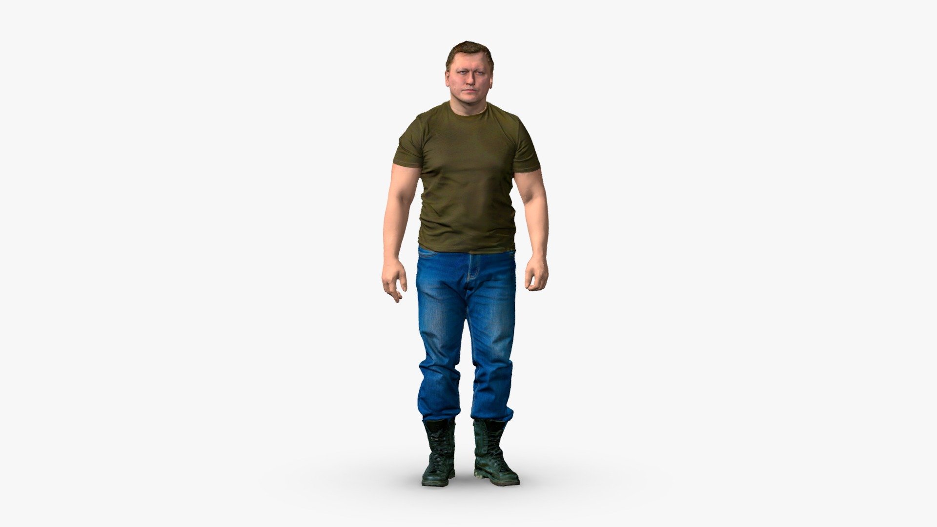 The 3D model depicts a middle-aged man with a sturdy build, who is in a relaxed pose. He is wearing a pair of blue jeans and a dark green T-shirt that fits comfortably on his body. The man's face has a neutral expression, with eyes that are looking straight ahead.

The 3D model was obtained by scanning 3d model