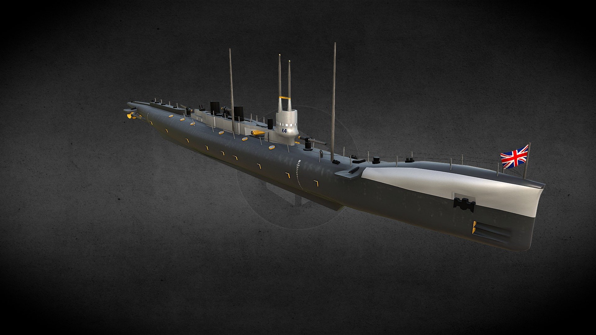 The package contains digital files of the 3D model - HMS K4 Texture.




Model Scale 1/1. Length 103,8m (340ft 6.6in).




The Model includes the following textures PBR:

Texture resolutions: 2048 x 2048. (Diffuse.png, Normal.png, metalness.png, and rughness).



Notes: The .blend, .3ds, .fbx, .dae, .usdz, .glb and .obj files are each in their folders, accompanied by the textures, just open the files in the folders where the textures appear.

The file ‘HMS K4_Packaged.blend’ already contains the packaged textures, just click and open.

.................................................. .................................................. .............

Fully closed mesh. There are no N-gons in wireframe.

Created in Blender 2.90

.......................................................................................................................

This model is dedicated to 3D games and other 3D applications 3d model