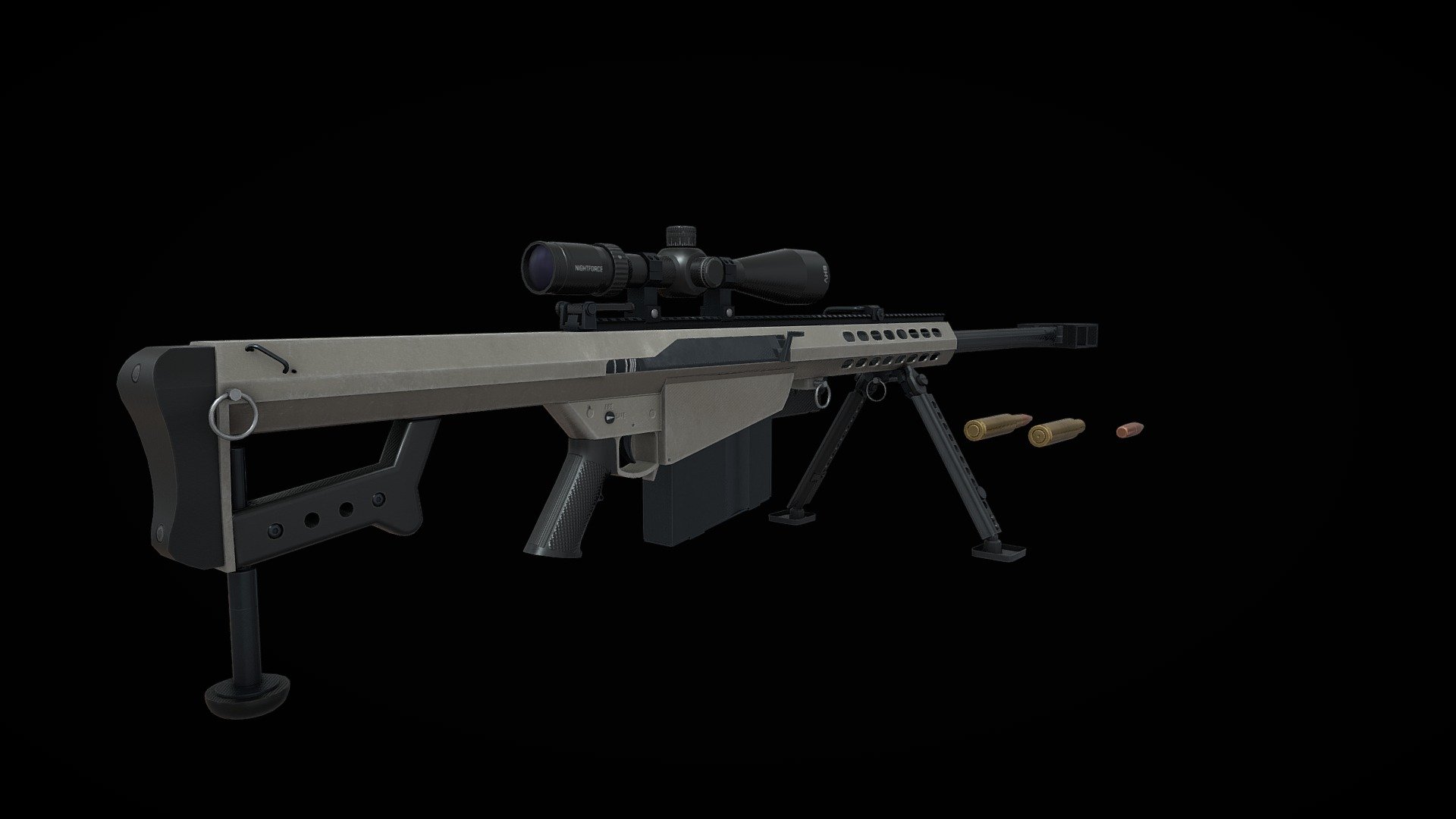Barrett M82 A1 NightForce SHV 4-14x50 F1 Scope Magazine and .50 Cal Rounds.

Barrett gun has 3 materials, Scope has 1 material and the magazine and .50 cal cartridge has 1 shared material with 4k textures.

M82 Main Body : 31,718 Tris
Night Force Scope : 13,469 Tris
M82 Magazine :  3,466 Tris
.50 BMG, 12.7×99mm NATO Cartridge : 1,434 Tris
.50 BMG, 12.7×99mm NATO Bullet : 702 Tris
.50 BMG, 12.7×99mm NATO Cartridge (Fired) : 732 Tris - Barrett-M82 (Optimized) - Download Free 3D model by Gintoki1234 3d model