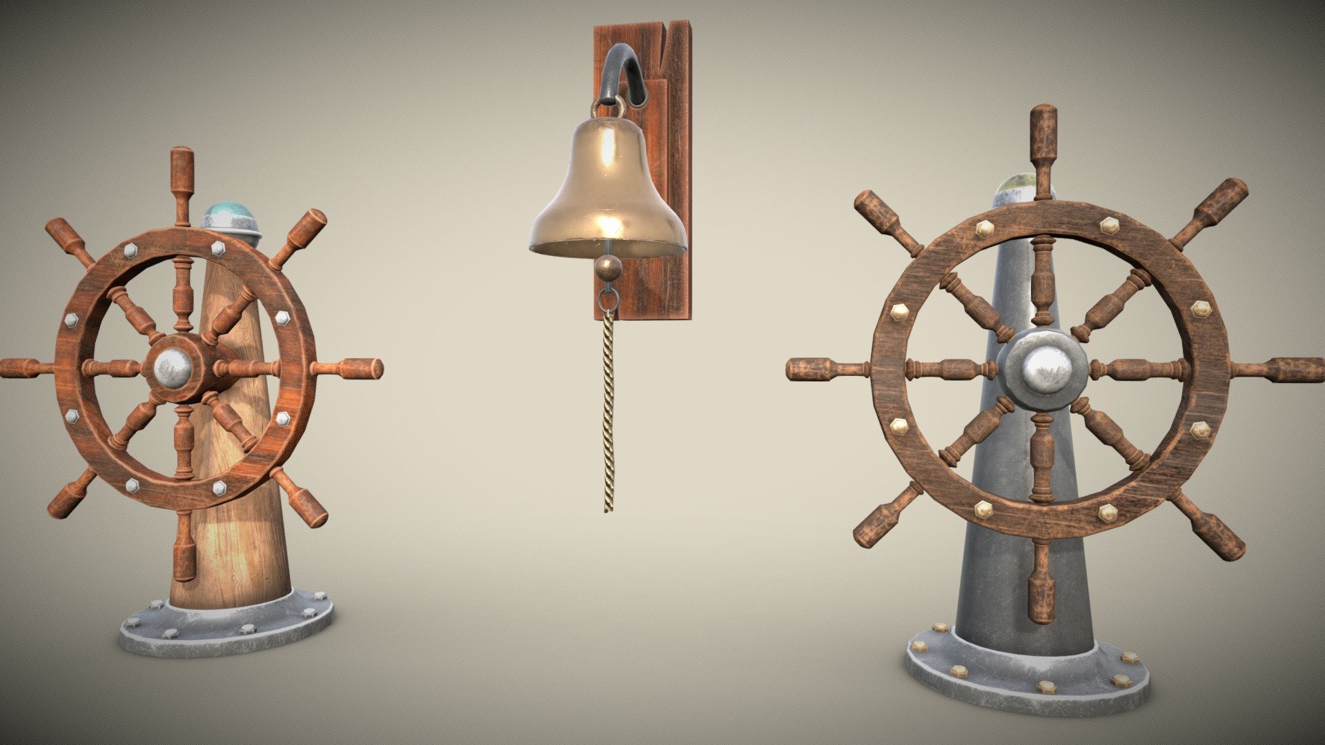 Steering wheel for a sea ship and a bell PBR low-poly game
 ready
 Polygons 4836 
Vertices 4897
 bell
 Polygons 2309
 Vertices 2297 - Vessel Wheel for sea ship and bell PBR game read - Buy Royalty Free 3D model by Svetlana07 3d model