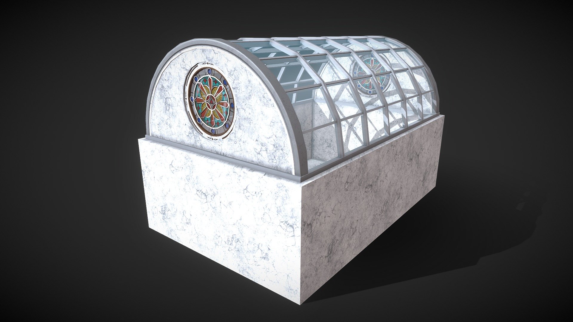 Rectangular building with circular stained glass window.

A rectangular building with marble walls, decorated with two circular stained glass windows, and curved glass roof supported with metal frames. You can place anything you want in the building.

custom double sided transparent shader for glass.
Roof Metal frame meshes are separated, so distance can be adjusted freely.



STAINED GLASS + BUILDING

Total Polycount: 4400 Triangles

Roof Frame

Albedo PNG Texture: 512 x 512

Roof Wall

PNG Texture: 2048 x 2048

(Albedo and Specular)

Wall

PNG Texture: 2048 x 2048

(Albedo and Specular)

SGWindow and SGWindow Frame share same set of textures,
except SGWindow Frame uses unity's standard specular shader, and SGWindow uses custom double sided transparent shader.

PNG Texture: 2048 x 2048

(Albedo, AO, Normal, and Specular) - Stained Glass Window - Buy Royalty Free 3D model by Experience Lab Art (@Experience_Lab_Art) 3d model