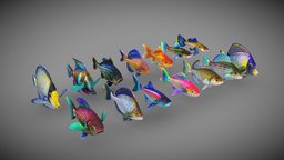 Tropical Fish school, marine, fish, tropical, small, pack, exotic, collection, aquarium, aquatic, goldfish, realistic, guppy, fishes, colorful, sealife, angelfish, lowpoly, animal, simple, fish-pack