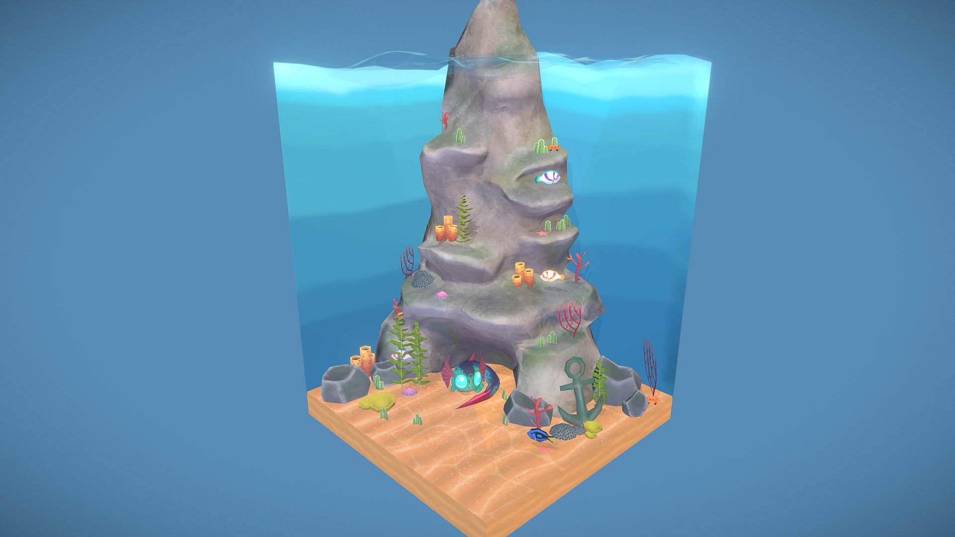 Scene made for a pet care AR videogame as part of a school project.

Creature based in: https://sketchfab.com/models/73a05ad164af4fe4ae502759b0974a70 - Underwater Scene - 3D model by Meri L. (@azurehusky) 3d model
