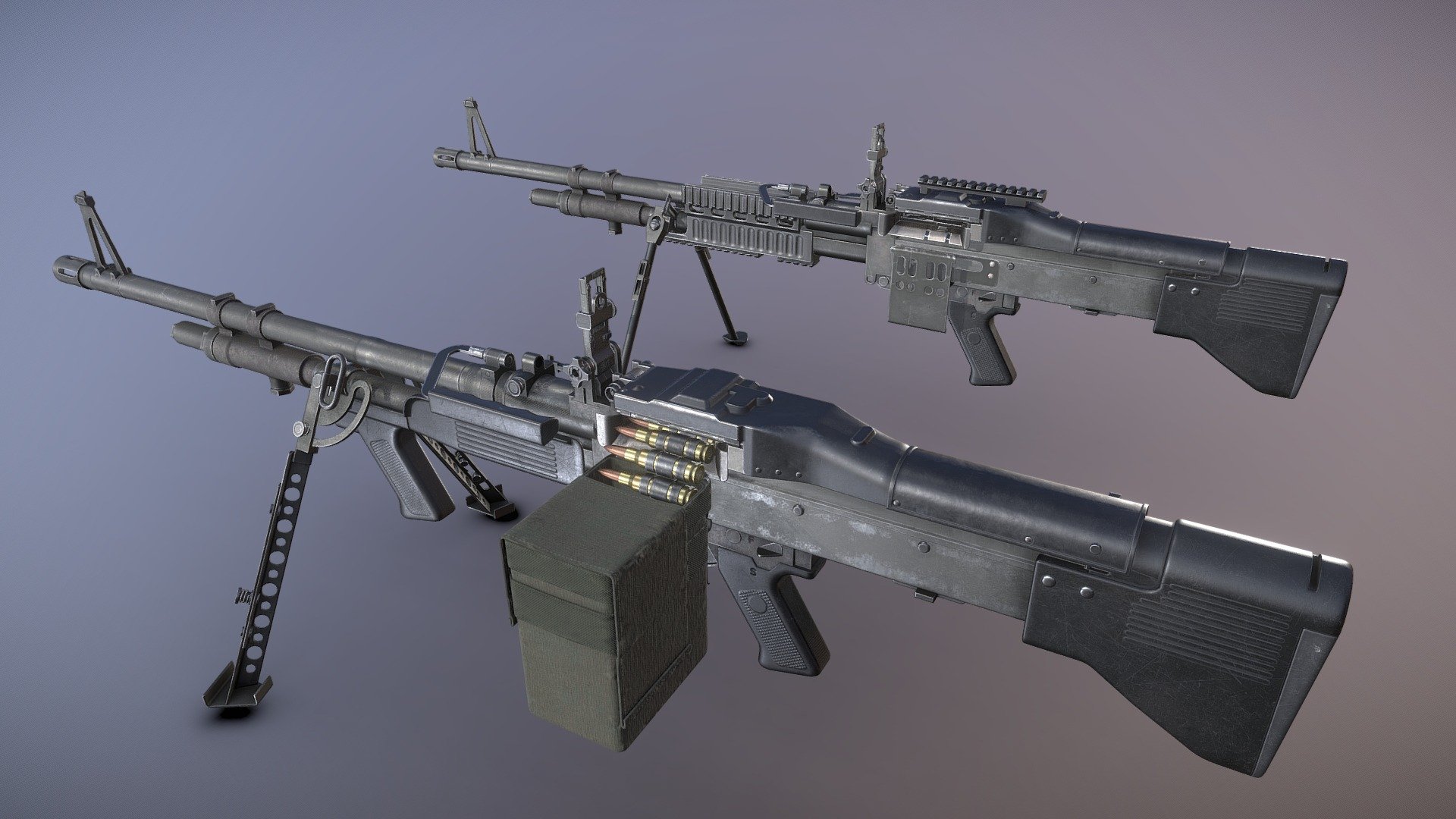 M60E3 and M60E4, modern updates to the original M60.

Originally modeled in 3ds Max 2019. Download includes .max, .fbx, .obj, metal/roughness PBR textures, textures for Unity and Unreal Engines, and additional texture maps such as curvature, AO, and color ID.

Specs




Scaled to approximate real world size (centimeters)

Mesh is in tris and quads, no n-gons.

Both guns share the same texture sheet

Animation




Ready for animation. Moveable parts include:

Bolt

Trigger

Top Cover

Bipod

Rear Sight Leaf

Rear Sight Notch

Charging Handle

Op Rod

Textures

3 Materials: 




4096x4096 Base Color, Roughness, Metallic, Normal, AO for the gun

2048x2048 PBR set for the ammo pouch

1024x1024 PBR set for M13 Link

512x512 PBR set for the 7.62x51mm cartridge

Unity Engine 5 Textures: AlbedoTransparency, MetallicSmoothness, Normal, Occlusion

Unreal Engine 4 Textures: BaseColor, Normal, RoughnessMetallicAO - M60E3 and M60E4 - 3D model by Luchador (@Luchador90) 3d model