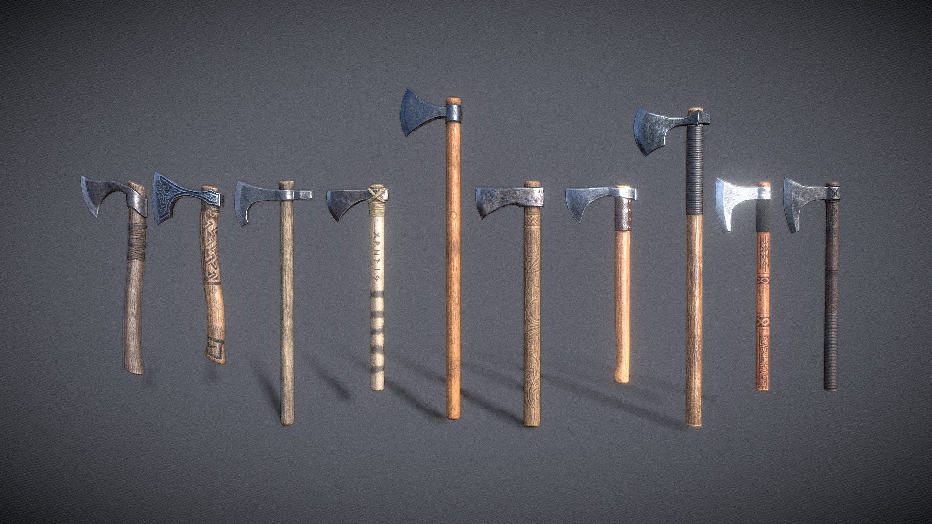A set of quality Axes. Consists of 10 original items. Each ax has a PBR texture with a resolution of 2048x2048. Total polygons (triangles) 9228, vertices 4634

Ax 01 - 1076

Ax 02 - 1026

Ax 03 - 716

Ax 04 - 1186

Ax 05 - 750

Ax 06 - 666

Ax 07 - 1154

Ax 08 - 696

Ax 09 - 650

Ax 10 - 1308

The archive contains additional materials: FBX, OBJ, Blend files. 2k textures - PNG, JPG and PNG (Unity Metallic Smoothness)

Archives with textures contain:

Textures JPG - Albedo, AO, Metalic, Normal, Roughness.

Textures PNG - base color, metalic, normal, roughness

Texturing Unity (Metallic Smoothness) - AlbedoTransparency, MetallicSmoothness, Normal - Medieval Ax Set 01 - 3D model by zilbeerman 3d model