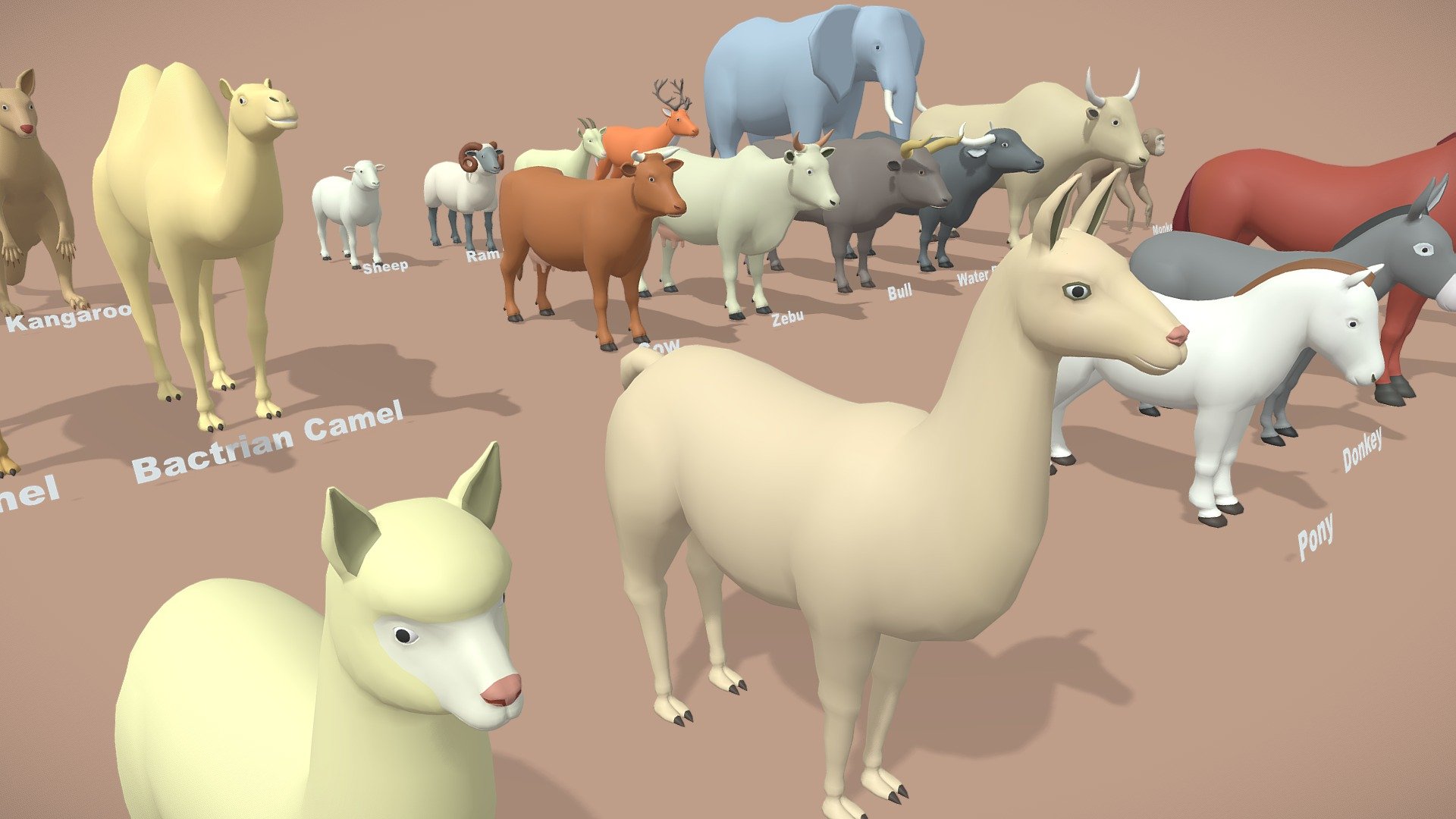The ultimate collection of most popular domestic animals base meshes is here! The collection is suitable for game projects, cartoons, print models…


Features:




Clean topology (quads only)




Scaled to animals’ real size




Symmetrical with the origin point at the center of the grid floor (ready for mirroring) even quads distribution




Uniform number of loop cuts in each model




Detailed noses/beaks and limbs (paws, hooves, legs, claws)




Low polygon count (good for games and retopologizing after sculpting)




Simple color materials applied to every model




Net ready for rigging. There is UV




Collection description:



Collection includes 23 model files ( FBX ) + 1 full color texture ( PNG )

The polygon amount of the package is about 148k tris. Average 5k tris per animals


Buy large collections to save more than buying small: https://sketchfab.com/3d-models/animal-collection-lowpoly-pack-100-assets-bf3fb326b7454299bde2b3b01b1d9447 - Big Animals lowpoly -  Animals pack - Buy Royalty Free 3D model by DuNguyn - Assets store (@nguyenvuduc2000) 3d model