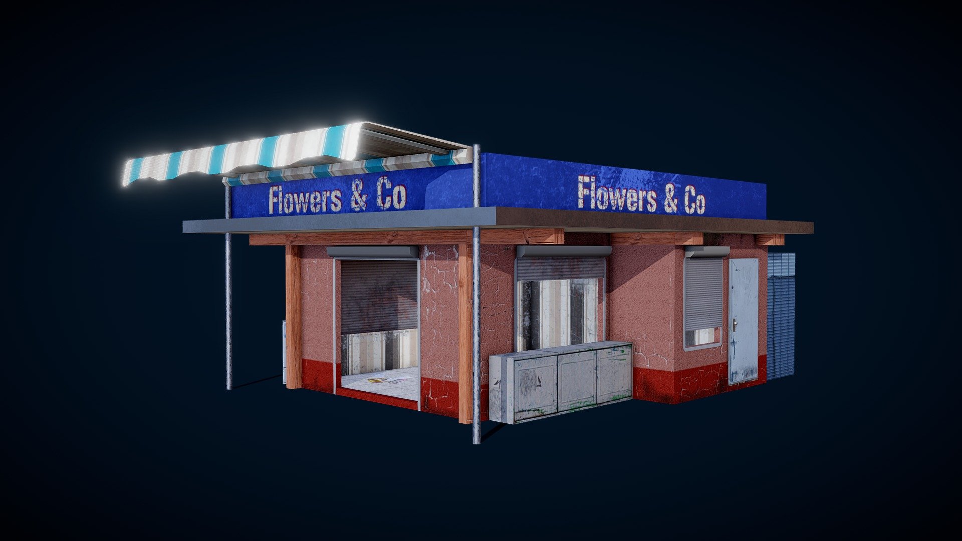 This is a model of a destroyed Flower-Shop. It has artistic game textures.
It uses the PBR-Metalness Workflow. 

Two Materials:

The Metalness texture for the second material is not delivered since there is no metal in the model. Simple adjust a black color.




Texture Size: 4096 px x 4096 px 

Texture Format: jpeg

Textures work also fine with 2048 px resolution (minimal loss of sharpness)

downloadable unitypackage:
There is also a downloadable Unity-Package, which is completely preconfigured. 
It has also a clean version of the Flower Shop included. No dirt and worn walls etc. 
It uses the PBS (Physical Based Shaded) Standard Unity Shader. It has the smoothness information in the alpha-channel of the metallic texture. So everything works fine with Unity.




Second Version of the Flower Shop (clean, no wear and tear)

Texture Format for Unity: png and tif

Texture Size: 4096px x4096px

Textures work also fine with 2048px resolution (minimal loss of sharpness)

1024px tolerable loss of sharpness
 - Flower Shop Destroyed + Clean Version for Unity - 3D model by Gene Ferrol (@3deoskill) 3d model