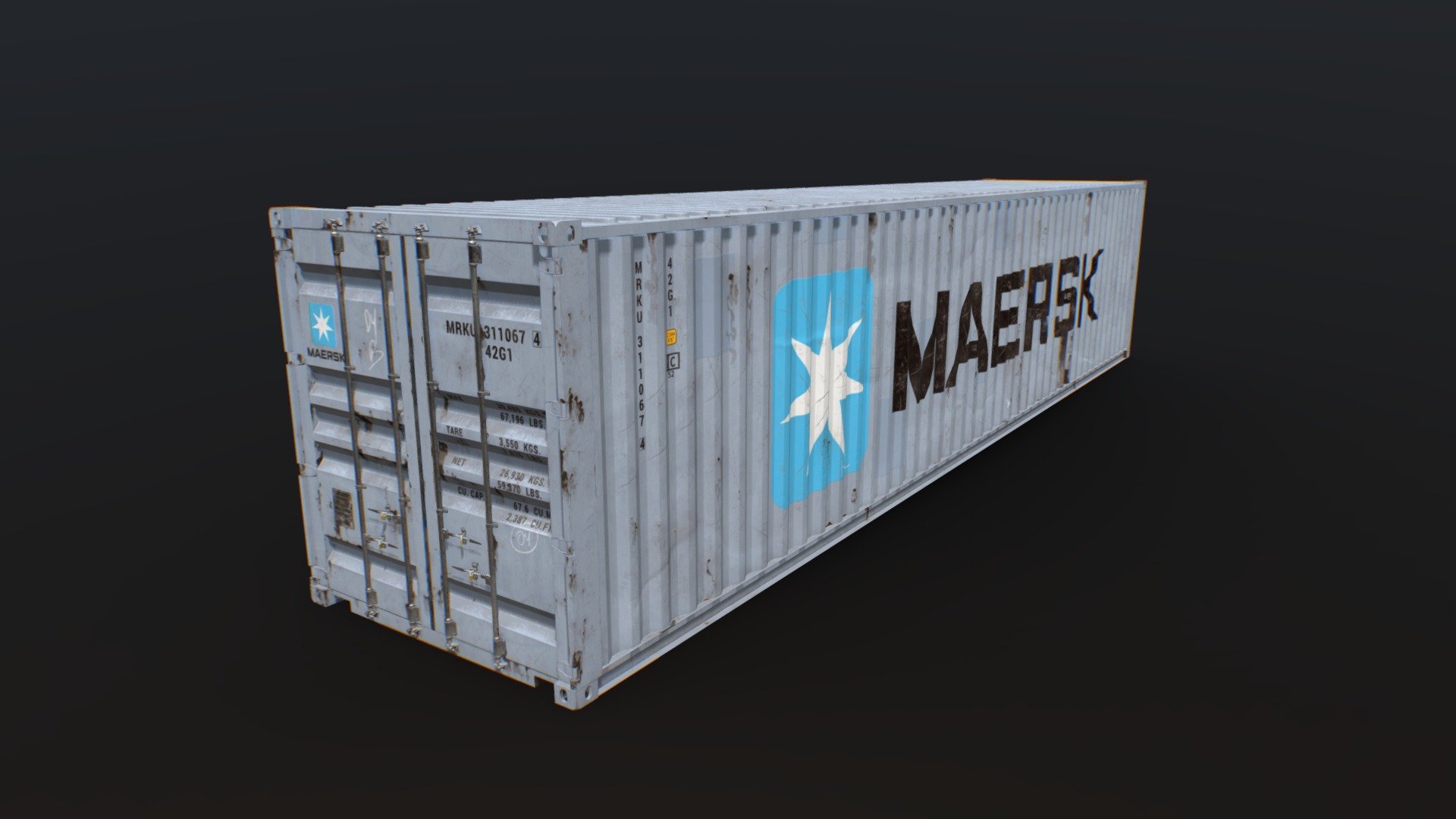 Detailed 40 ft Shipping Container with Interior.


Nine different texture sets. Maersk (New/Used/Rusty). Evergreen (New/Used/Rusty). Nondescript (New/Used/Rusty).
Includes Color Mask for each texture set, which masks out the rust, logos, and labels.
All geometry is subdivision ready.
Fully unwrapped, non-overlapping UV's.
Polygon selections and Vertex Color tags for all sub-parts.
No N-gons, Isolated Vertices, or Complex Poles.

[Files Included]

_SPP - Substance Painter project files.

_TEX - Textures are 4K jpg files.

_C4D_Octane - Cinema 4D project file with Octane shaders.

_ORBX - Octane Standalone Package.

_C4D - Cinema 4D project file.

_FBX - Autodesk FBX.

_OBJ - OBJ/MTL.

_E3D - Video Copilot's Element 3D.

_MAX - 3ds Max project file.

Extra formats: .dae (Collada), .usdz (Pixar/Apple AR), .gltf/.glb (Khronos Group), .uasset (Unreal Engine).

For 8K textures message me 3d model