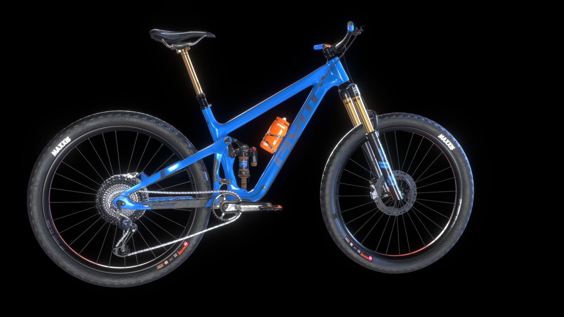Pivot Switchable ENDURO/MTB bike modeled entirely in Blender.
UV in RIZOMUV and textured with Substance Painter and Photoshop. 
Two materials (=two PBR texture sets) 4k each. PBR textures for cycles, vray and standard PBR included. 
&lsquo;Low' poly is 237k polys. Whole bike is consist of 39 different objects accordingly named.
Blue version of real bike's paint is matte but I went for shiny one in this case.
There are two other color schames for this bike which I might consider doing later 3d model