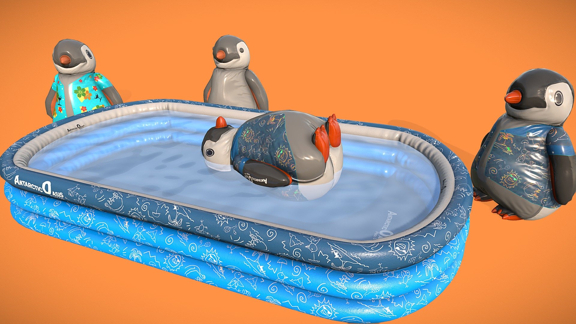 A collection of inflatable Pool Penguins gathered around an inflatable swimming-pool for use on hot summer days - or in the Artic, if you happen to be a Penguin 3d model