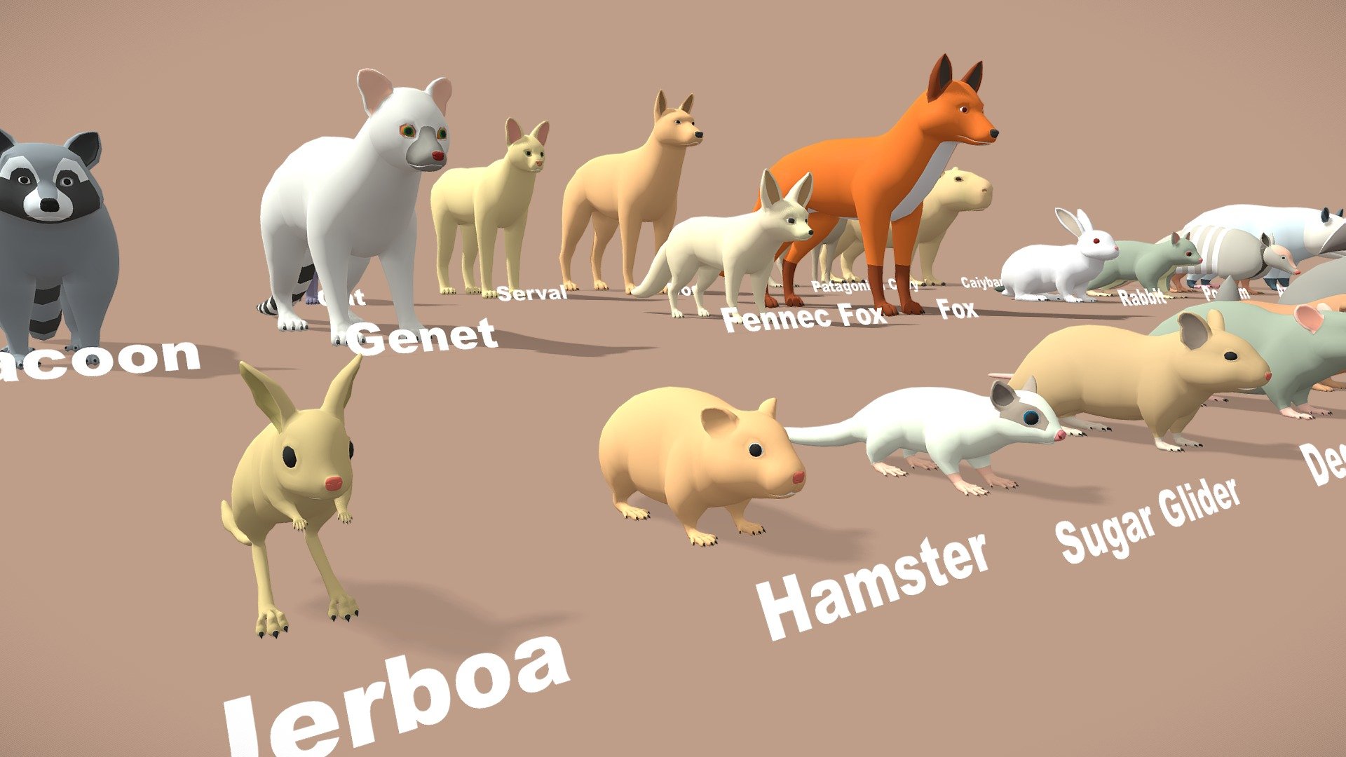 The ultimate collection of most popular domestic animals base meshes is here! The collection is suitable for game projects, cartoons, print models…


Features:




Clean topology (quads only)




Scaled to animals’ real size




Symmetrical with the origin point at the center of the grid floor (ready for mirroring) even quads distribution




Uniform number of loop cuts in each model




Detailed noses/beaks and limbs (paws, hooves, legs, claws)




Low polygon count (good for games and retopologizing after sculpting)




Simple color materials applied to every model




Net ready for rigging. There is UV.




Collection description:




Collection includes 30 model files ( FBX ) + 1 full color texture ( PNG )




The polygon amount of the package is about 249k tris. Average 6k tris per animals.




Buy large collections to save more than buying small: https://sketchfab.com/3d-models/animal-collection-lowpoly-pack-100-assets-bf3fb326b7454299bde2b3b01b1d9447 - Small Animals lowpoly - Animals pack - Buy Royalty Free 3D model by DuNguyn - Assets store (@nguyenvuduc2000) 3d model