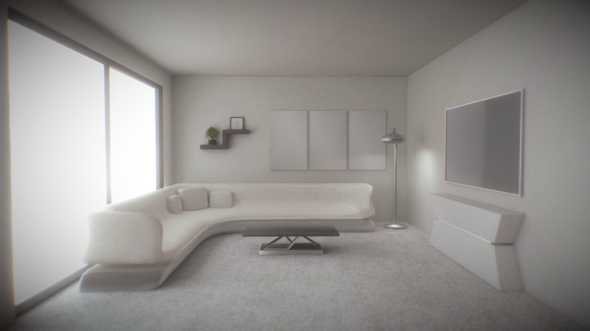 Clean white modern living room which I made in my spare time, really enjoyed making this one! All the furnishing textures are baked :) 3d model