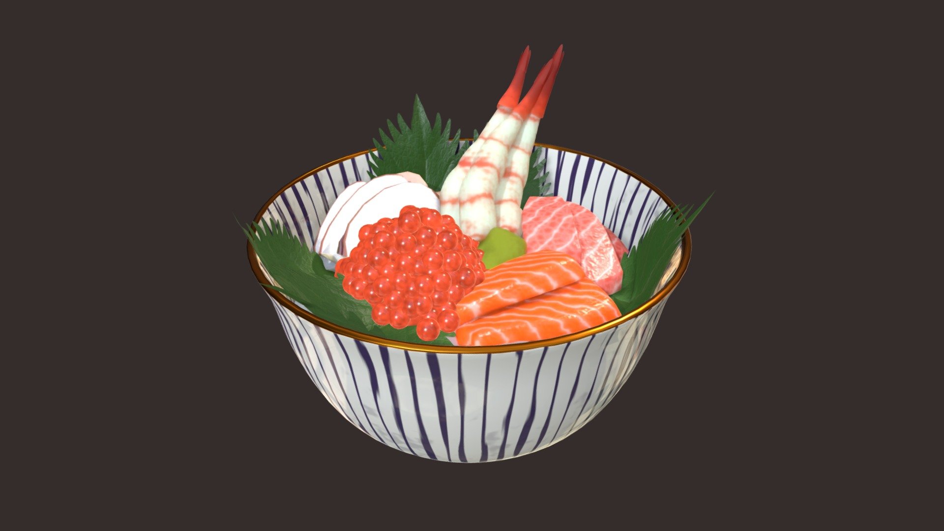 Bowl of sushi-rice with raw sea food on top （海鮮丼）
The textures are 100% Blender procedural 3d model