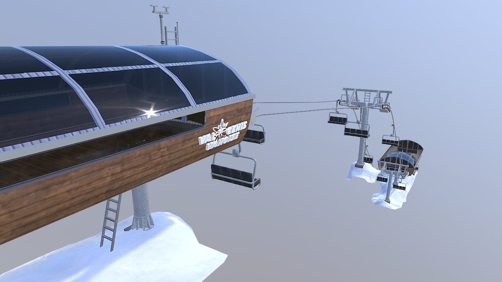 A chair lift in the mountains with animated chairs 3d model