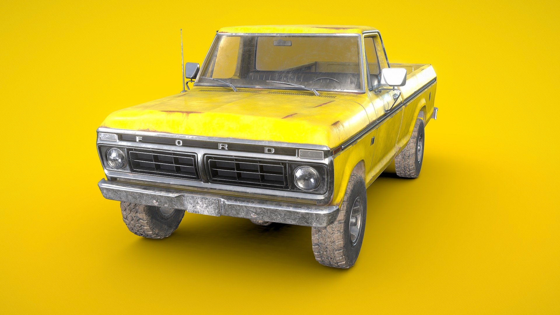 This is a classic American pickup truck made by Ford Motor Company in 1976. The model(64 202k tris) is a real world scale AAA game ready asset with realistic textures in a quite used state, the model is positioned on the center of the world with Z axis up and facing to X axis. This asset has modeled lights, full details interior and exterior, openable doors and a high detail under car with a functional suspension. Doors, wheels and steering wheel are separated objects with the pivot in the right position for an easier animation.

We will be happy to help you if you need any assistance with this asset. 
(Any future improvement or update of this asset will be included in this purchase) - Ford F100 1976 Old Yellow - Buy Royalty Free 3D model by rpalomino 3d model