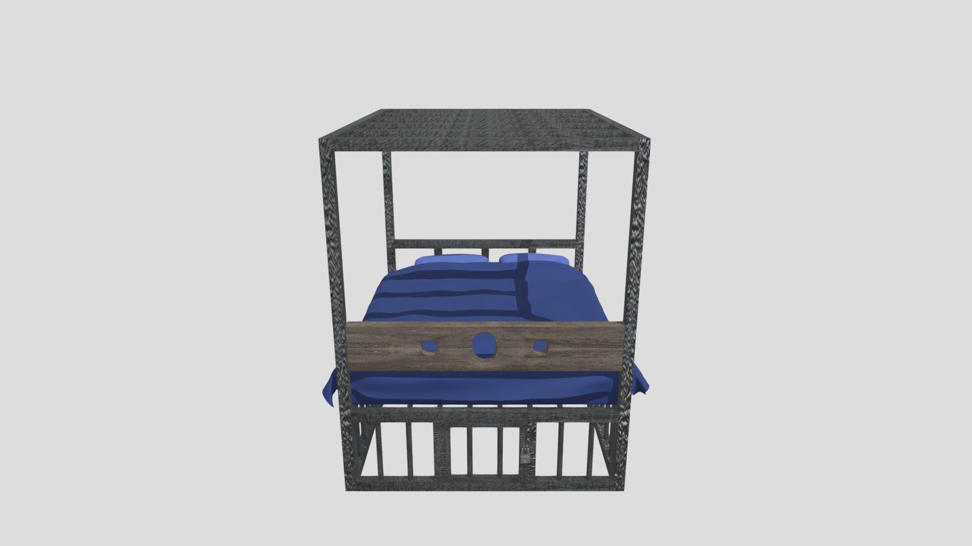 A BDSM bed. It is a metal frame bed with a cage under it and wooden shackels at the top. The bed itself is a mattress, two pillows and a blanket, it is all blue but the color can easily be changed. The cage has a small door at the front and a padlock to lock it, they are all separate objects and can easily be animated to open and close. The wooden shackles are placed above the bed, where the feet would usualy go. The frame of the bed is a metal texture and the shackles are a wooden texture and they are UV mapped. All the materials can easily be replaced. The bed can be used either for decoration or for more practical use 3d model