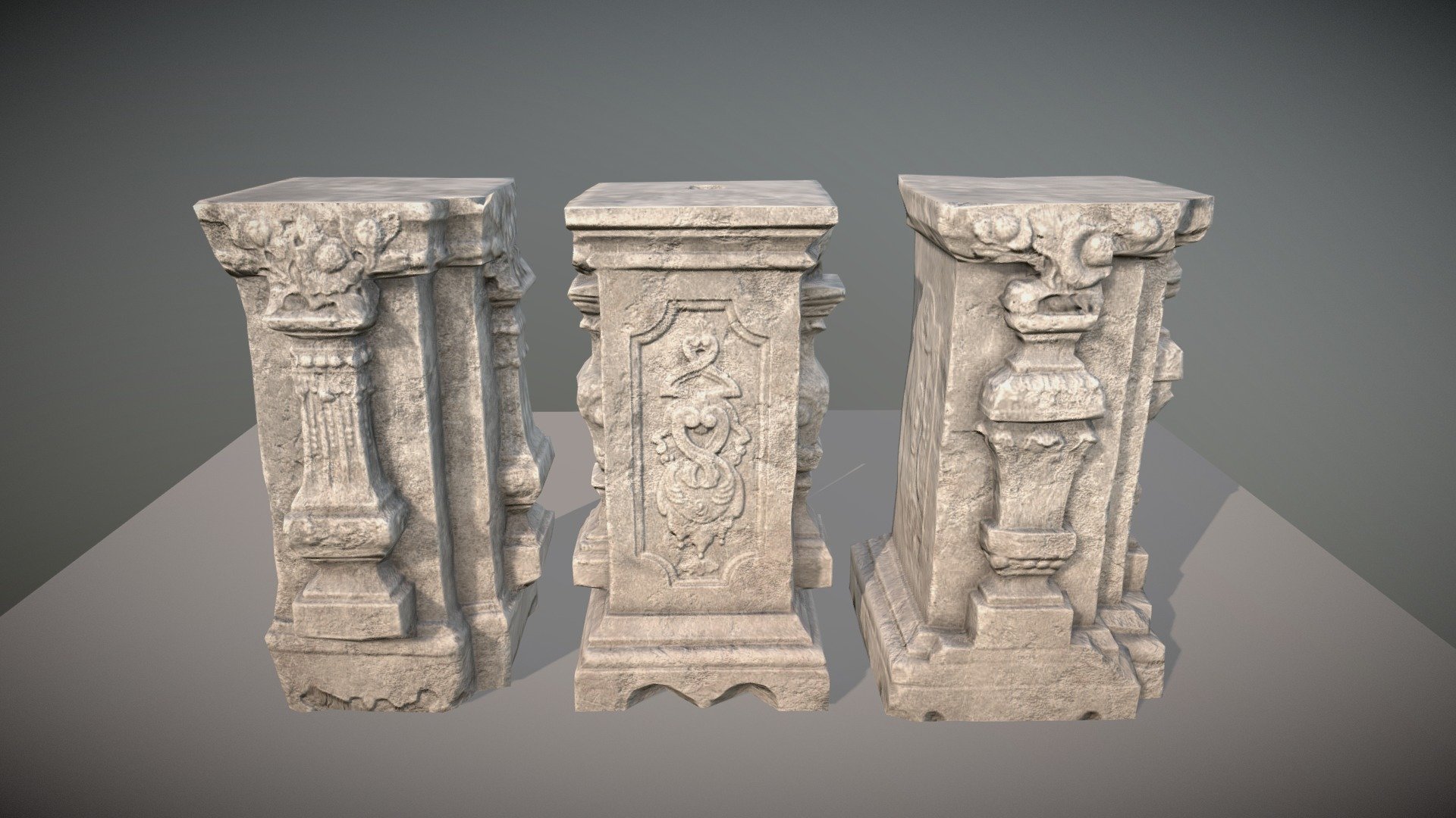 This is second in series of historical columns. It has 3 column models with Albedo, Normal, Metallic/Smoothness and AO textures. Textures are 1K in Sketchfab.
Model info:

column_4
1288 verts, 2406 tris

column_5
640 verts,1174 tris

column_6
833 verts,1560 tris - Column-2 - 3D model by Auteur Theory (@auteur_theory) 3d model