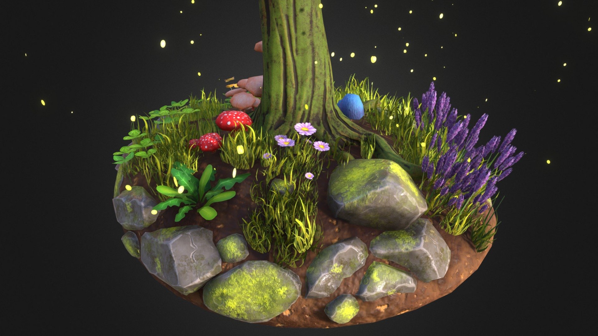 Environmental assets created for Kinoko, a university videogame project. As Environment Artist I worked on organic props to fill the magical world of Kinoko. I made this small diorama to showcase the assets outside the complessive environment.

The game is a fantasy-puzzle set in a lush colorful forest and focuses on environmental storytelling. The player will experience a relaxing walk through nature and interact with the environment to vitalize it.
Scene renderings on Artstation: https://www.artstation.com/artwork/qmZmR - Kinoko - Diorama of Environmental Assets (Set 1) - 3D model by Sara Leone (@saraleone) 3d model