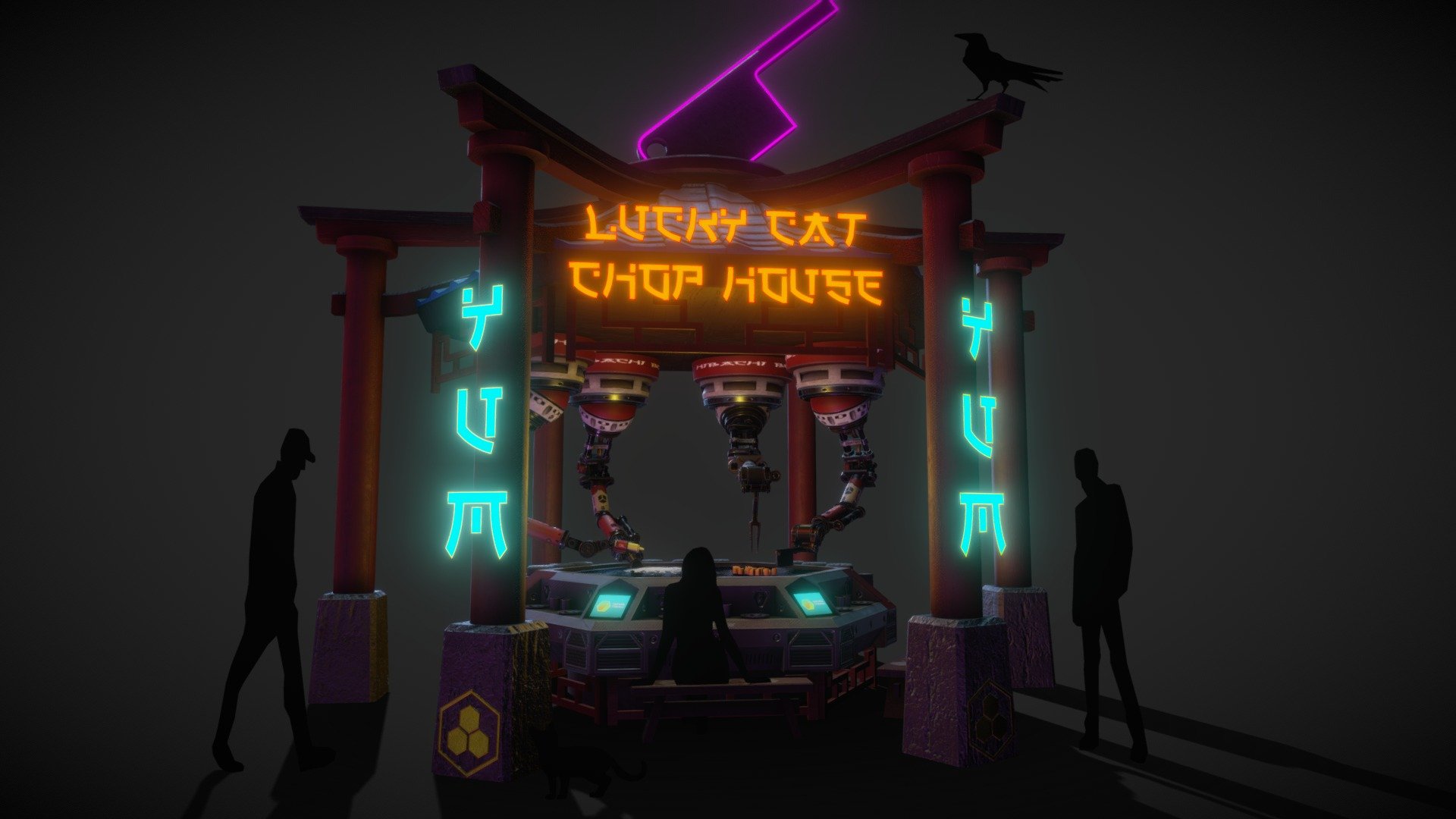 Sony Robot Challenge - Lucky Cat Chop House

The Lucky Cat is a blend of the future and current day.  To better build the perception of the peice for the viewers I decided to add some current day style.  Trying to stray away from the overly complicated themes of combat,lasers etc.. :D Rather to build a peice that shows usefulness and practicality.   Inspired by Blade Runner, Cyberpunk type imagery

Modeled with 3ds Max , textured with Substance Painter  

Sound effects edited together by me, sources for public use from &ldquo;Smoothie