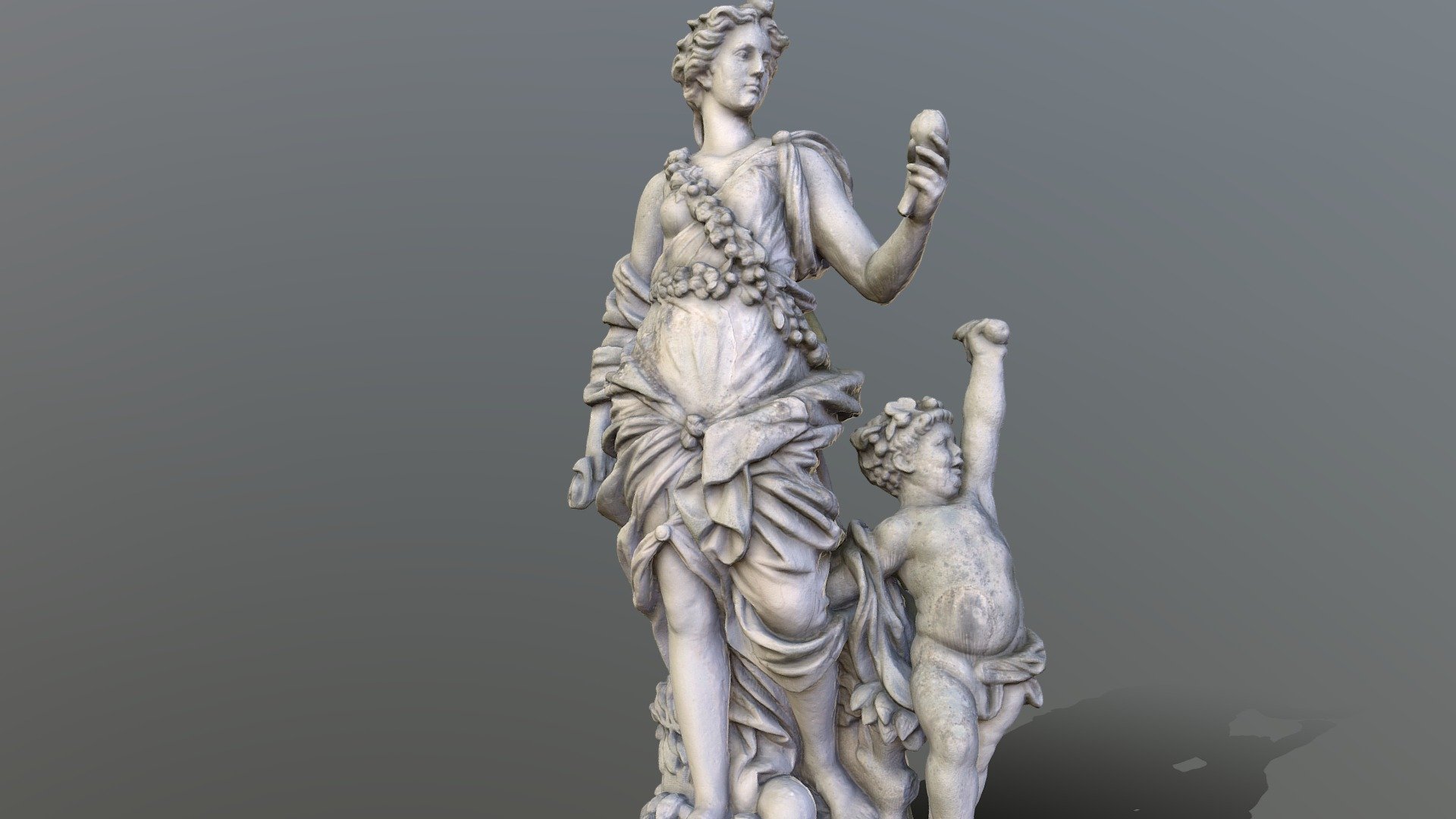 A lush female figure, clad in an antique robe in the baroque sense, stands on a rectangular plinth on a rectangular, multi-part base. The right breast is uncovered. The robe is knotted at the front below the hips. The left free leg is set back. The goddess wears flower threads as a belt and as a ribbon running across the chest.

Source: https://bildhauerei-in-berlin.de/bildwerk/flora-mit-putto/



413 Pics, Shot with GoPro 9 &amp; DJI Mini 2 - Goddess Pomona Statue Berlin - 3D model by visualmotions 3d model