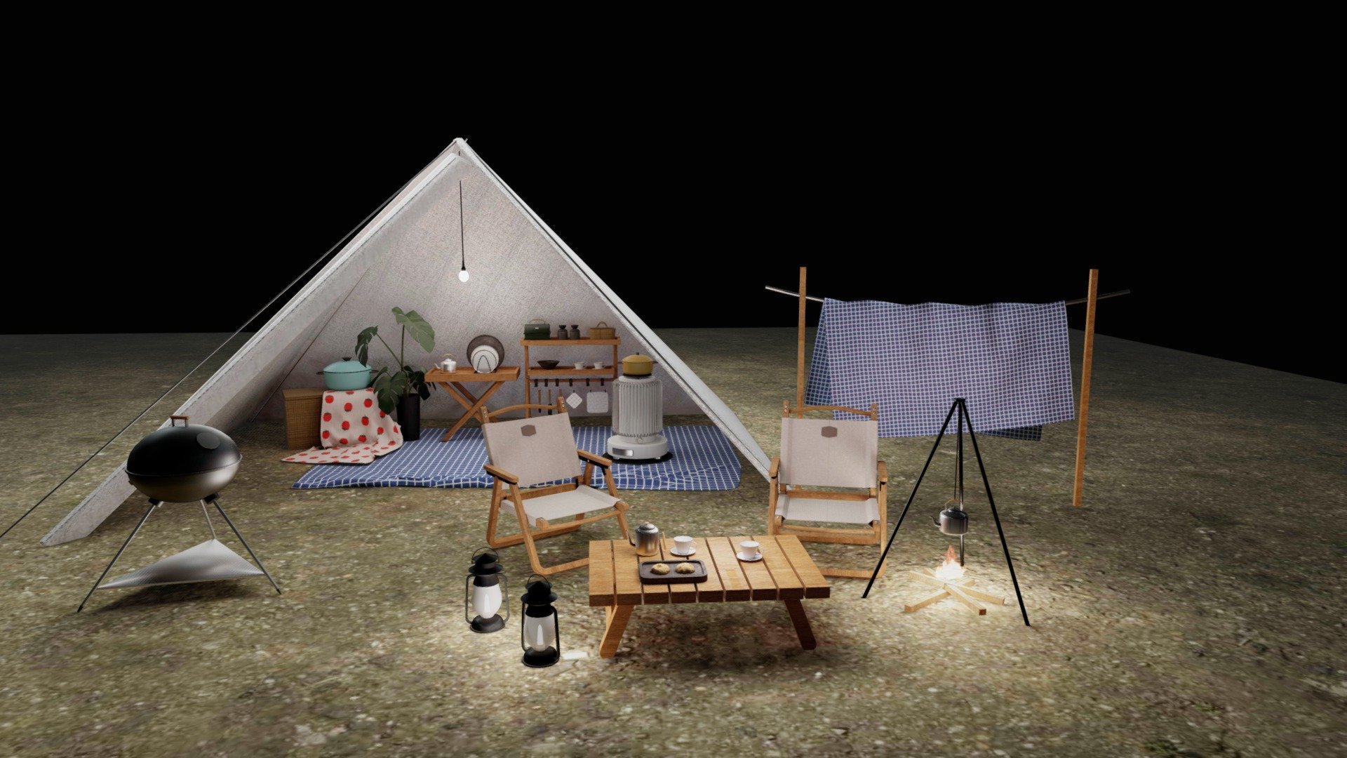 Summer comes, let's go camping together!

This is a tent for outdoor camping enthusiasts.
There are some camping supplies put in the tent. Two chairs and a small dining table are casually arranged with a coffee pot. Next to it is a picnic stove, linens to dry. Hot water on campfire.

textures baked, ready for games or other applications - tent camp outdoor campsite baked - Buy Royalty Free 3D model by QuarizonStudio 3d model