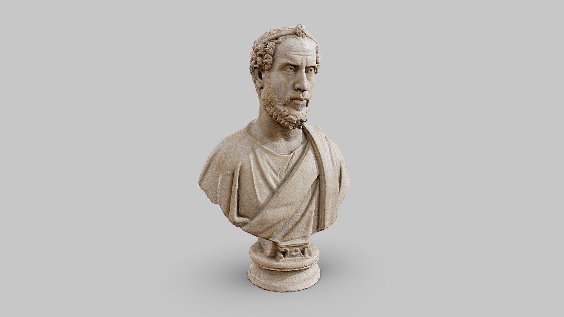 From the Getty Museum's own description (https://bit.ly/3jIYwu0) :


This portrait bust, probably found in Egypt, shows a man wearing a diadem decorated with a seven-pointed star. Traces of paint are visible: reddish on the hair and beard, faint blue on the eyes. The diadem was once gilded but little gilding now remains. 


The scan was done with 75 photos taken at the Getty Villa, using an iPhone SE. Photos processed in Agisoft Metashape. Texture delit using Agisoft Delighter, which unfortunately caused some of the polychromy to be lost. Decimated in Blender, maps baked in marmoset. Minor touch ups, including adding back some AO and making a roughness map, was done in Substance Painter.

If you would like the full resolution, 5 million polygon model, DM me on Twitter or Instagram! I can also send you the various other maps you need for use in Substance Painter 3d model