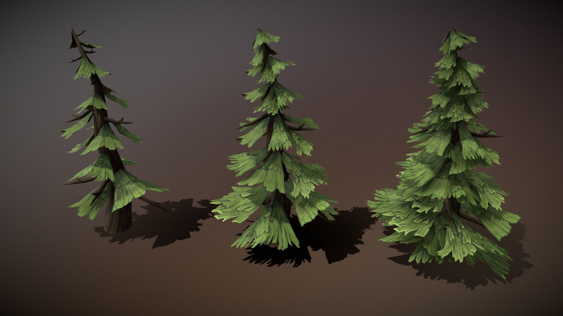 3 versions of stylized pine trees, made with blender.

The leaves were hand painted in photoshop 3d model