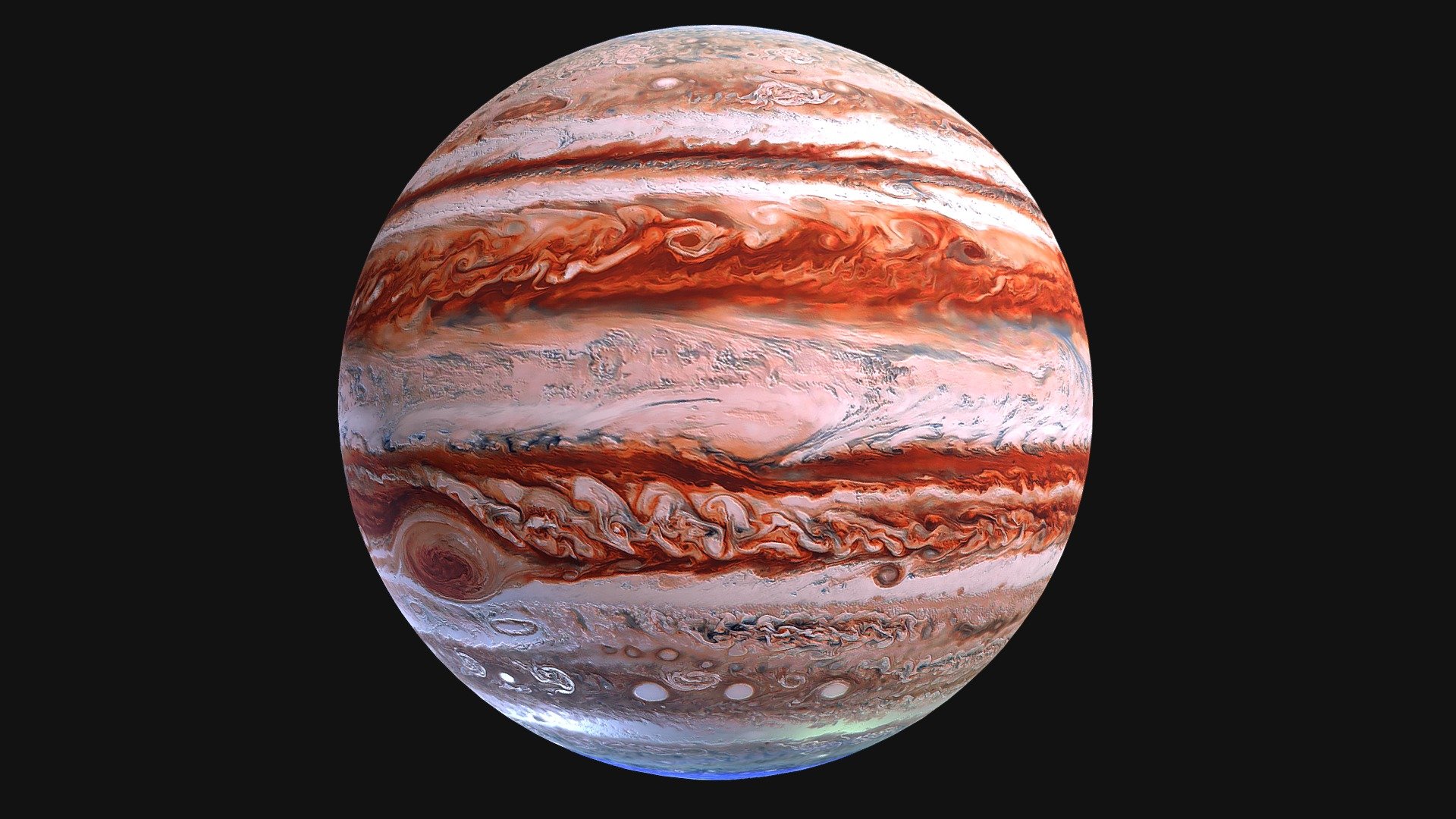 Jupiter is more than twice as massive than the other planets of our solar system combined. The giant planet's Great Red spot is a centuries-old storm bigger than Earth.




Eleven Earths could fit across Jupiter’s equator. If Earth were the size of a grape, Jupiter would be the size of a basketball.

Orbits about 484 million miles (778 million kilometers) or 5.2 Astronomical Units (AU) from our Sun (Earth is one AU from the Sun).

Rotates once about every 10 hours (a Jovian day), but takes about 12 Earth years to complete one orbit of the Sun (a Jovian year).

A gas giant and so lacks an Earth-like surface. If it has a solid inner core at all, it’s likely only about the size of Earth.

Jupiter's atmosphere is made up mostly of hydrogen (H2) and helium (He).

Has more than 75 moons.

In 1979 the Voyager mission discovered Jupiter’s faint ring system. All four giant planets in our solar system have ring systems.
 - Jupiter - Gas Giant - Buy Royalty Free 3D model by Studio Ochi (@studioochi) 3d model
