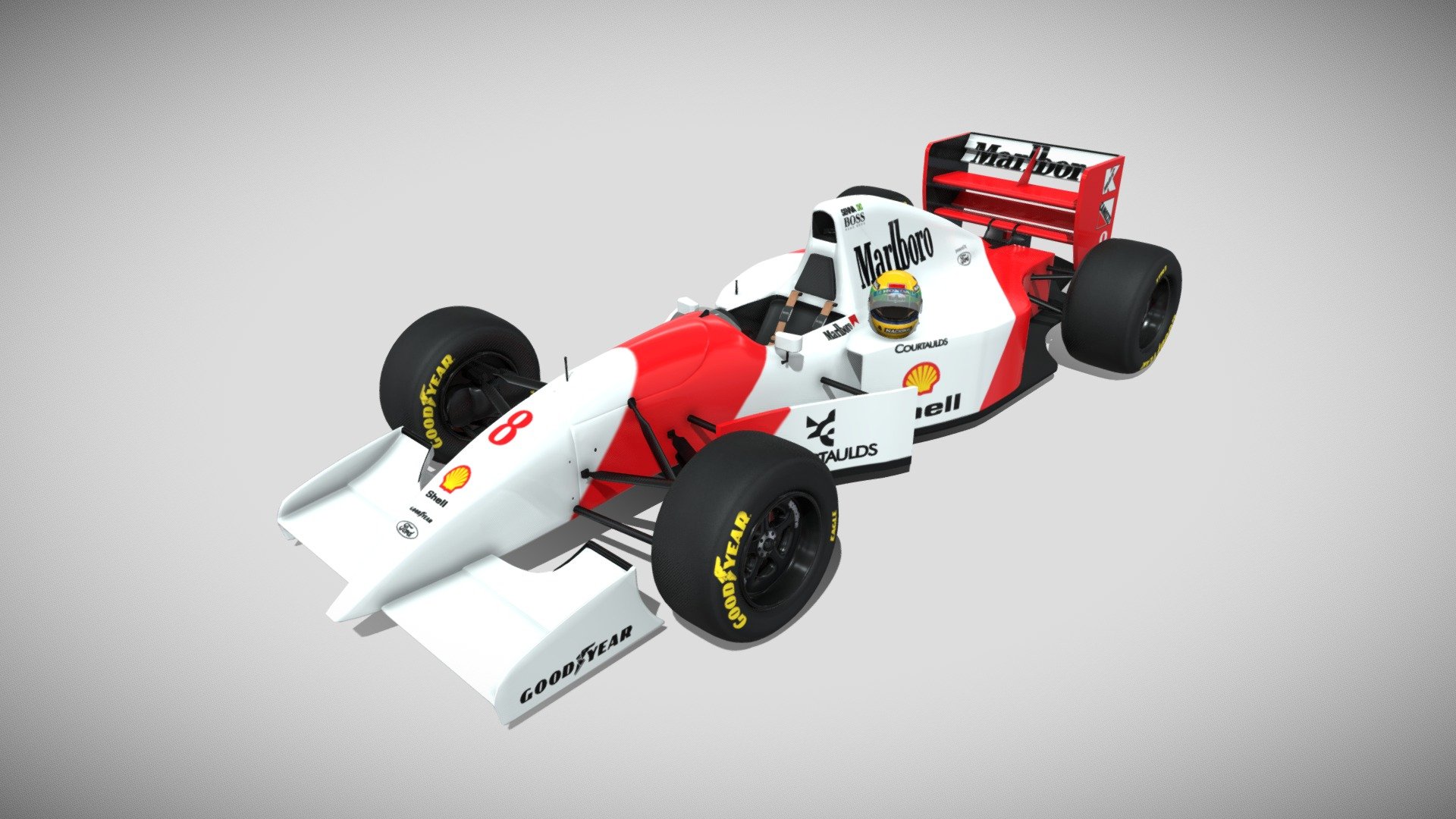A model of Ayrton Senna's 1993 McLaren and helmet with Marlboro livery on both.
Everything is textured as factory new so you can apply dirt and wear yourself as your race session moves along :)

There are 14 material slots with 2k/4k textures (albedo, roughness, metalness, normal, AO).
To alow for easy animation all car elements are grouped and parented logically and all moveable parts are not mirrored so they can work independetly.

Modelled in Blender, textured in Substance Painter and rendered in Marmoset Toolbag 3.

Feel free to contact me for support and enjoy your purchase! - Senna's McLaren MP4-8 - Buy Royalty Free 3D model by ViceForce (@dominik.strok30) 3d model