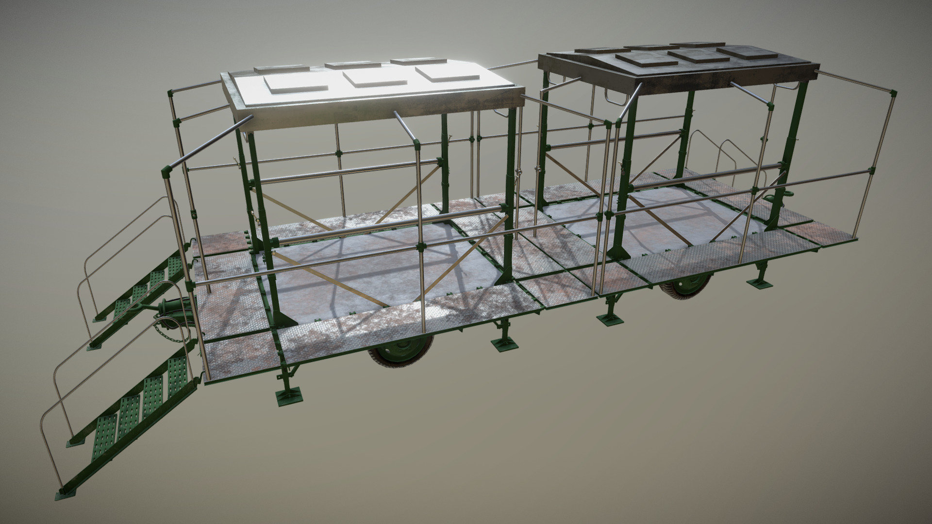 Military Kitchen Trailer. This is the opened variation with two of the sam evheicles attached to each other along sith stairs. A tent goes over it, however, it would interfere with showcasing the interior so I decided to leave it out 3d model