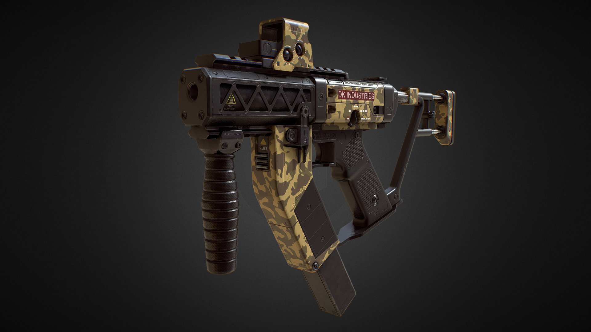 PBR Modular Pistol from Sci-Fi weapon pack 
Unity Assetstore:   PBR SciFi Weapons v2
CG trader:   PBR SciFi Weapons v2
With movable parts and hires textures - PBR Pistol (Cammo Skin 2) - 3D model by Dmitrii_Kutsenko (@Dmitrii_Kutcenko) 3d model