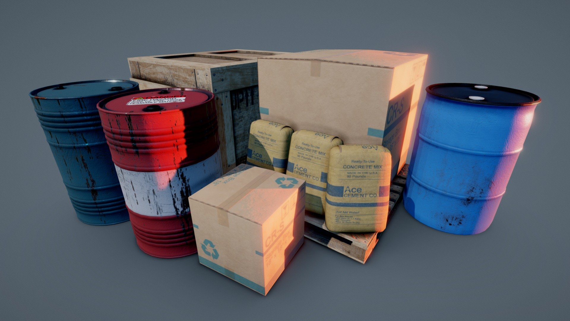 Hey everyone,

This is a high quality set (pack) of Game Ready 3D Assets. Including detailed 3D models and PBR Ready Texture Maps.
When purchasing this model you get access to, not only, the models shown here as well as additional high resolution texture maps (2048X2048) and even height maps for parallex or tessolation displacement.

These Assets Include
-Block Pallet
-Cardboard Boxes (2)
-Concrete Mix
-Oil Drums (2)
-Water Barrel
-Wood Crate
As well as 2K&hellip;
-Color
-Normal
-Roughness
-Metallic
-Ambient Occolusion
-Height
Maps for all Meshes.

Buy purchasing this pack you also support me and my work, allowing me to continue producing high quality Game Ready Assets for fellow creators.

Thanks,
-Chris - Industrial Essentials Asset Pack - Buy Royalty Free 3D model by Chris Sweetwood (@ChrisSweetwood) 3d model