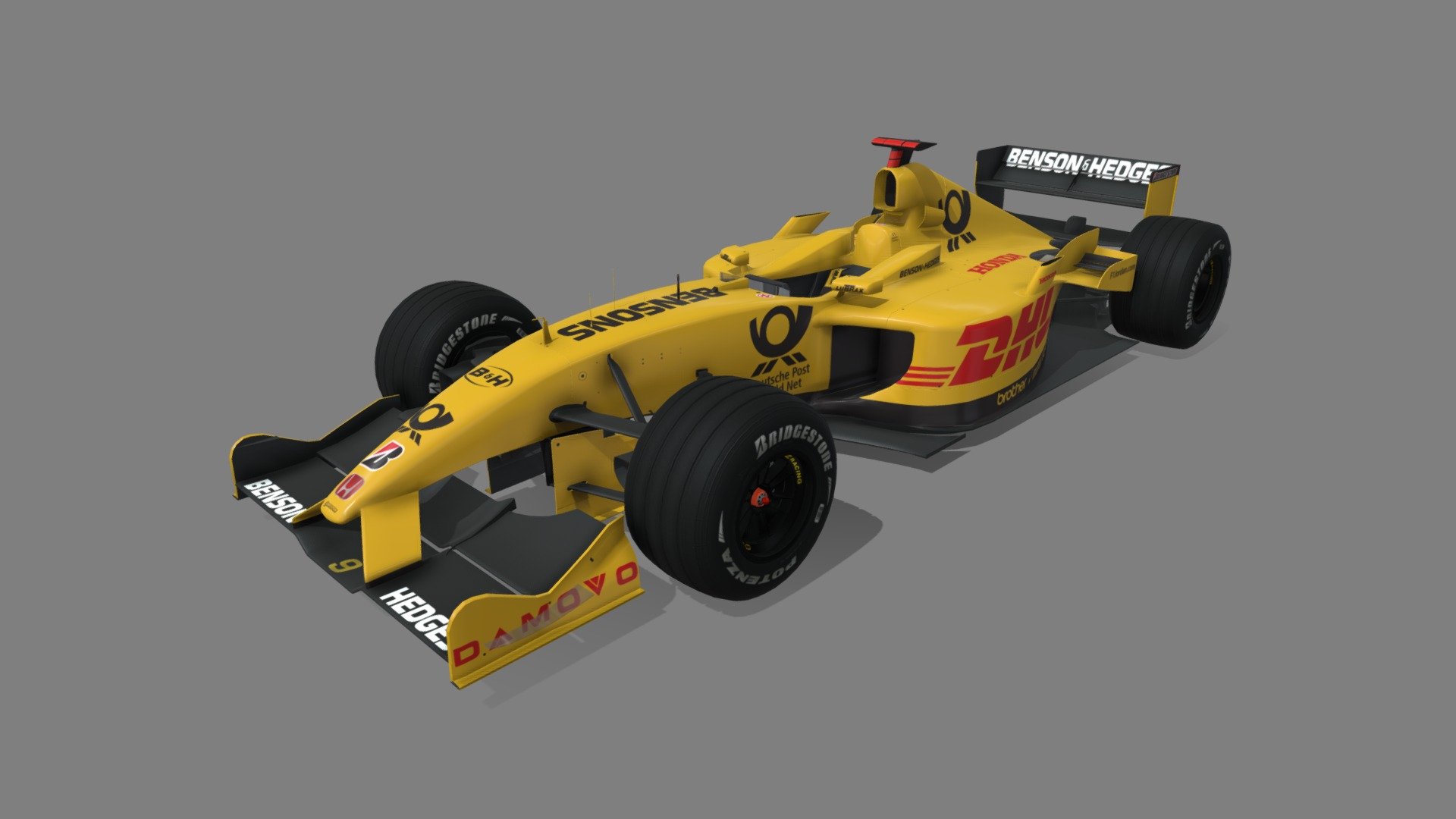 2002 Jordan EJ12 formula one car made from scratch by me for Grand Prix 4 game. Textures made by Tobias Kederer (Kedy89).
Third car in 2002 season series, we went to make full grid, bar 2 cars ie. Sauber and Jaguar.
As all cars in this series it features many event specific, unique shapes and texture 3d model