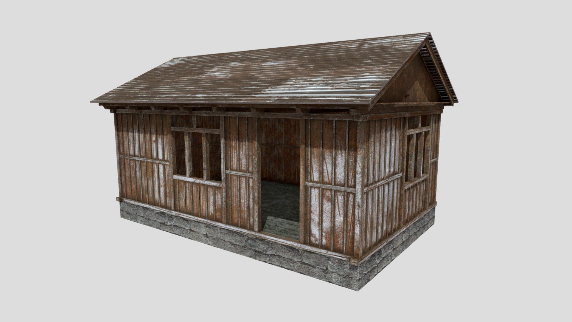 A small wooden shed with an enterable interior. Consists of two PBR materials with non-overlapping UVs . Works great in any modern game engine or for rendering purposes. Available in: **fbx, obj, blend, dae, gltf, Unreal project and Unity package. **

Textures are in 4096x4096 resolution:




Diffuse/Base colour

Roughness

Metallic

Normal map

Ambient Occlusion

Unity and Unreal packages include drag and drop prefabs with packed textures.
Textures were created in, and exported from, Substance Painter.
Model created with, and native to, Blender 2.92 - Wooden Shack - Buy Royalty Free 3D model by HowardCoates 3d model