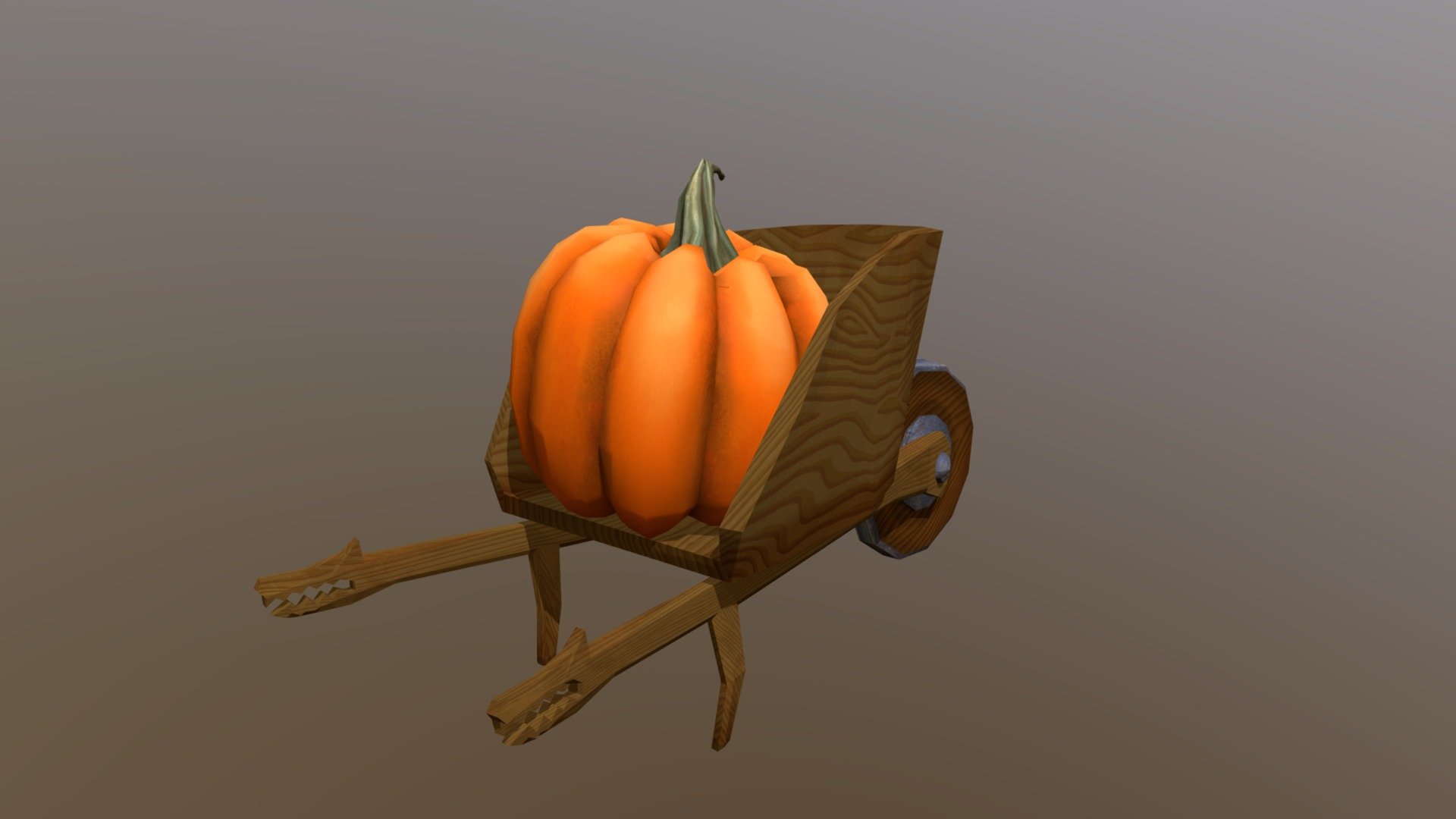 Garden wheelbarrow for carting around vegetables  or hobbits. wood and giant pumpkin! Fresh from the garden! Viking styled wolf heads cut into the handles! Don't get bit! - Cart_Garden_Hobbitstyle - Buy Royalty Free 3D model by KelleDeFo 3d model