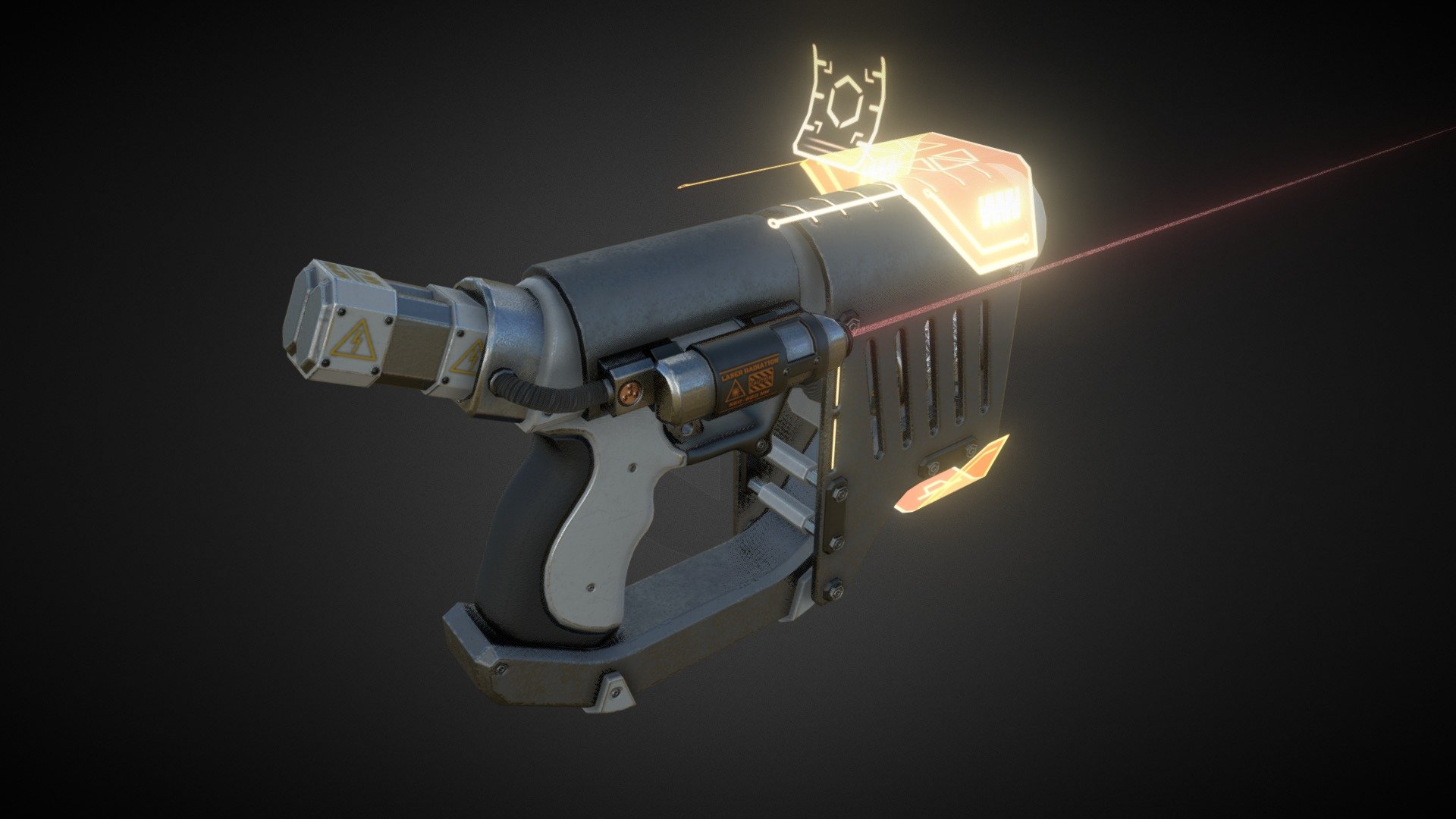 The main EMP pistol for VR Sealegs by 3lb Games. Shown here in the fully upgraded configuration (high capacity battery, insulated capacitor and laser sight). Made with Blender and Substance Painter 3d model