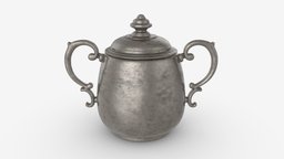 Old Metal Sugar Bowl with Lid tea, restaurant, bowl, lid, luxury, vintage, retro, antique, silver, classic, sugar, cofee, metal, old, silverware, gilded, 3d, pbr, steel