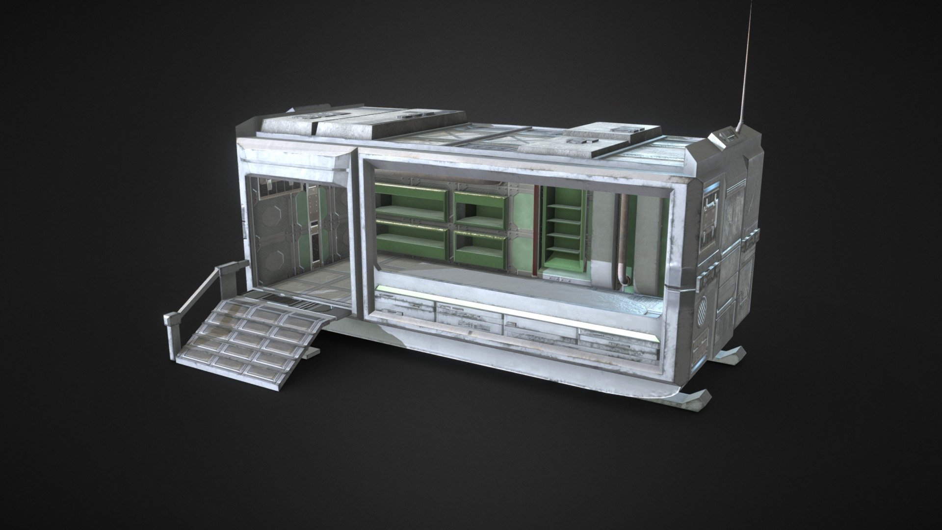 3D model of GAME READY Sci-Fi modular building, inspired by Mass Effect.
Best suited to the concept of a colony on an uncharted planet.
The model was made with a texture resolution of 4096x4096 (Lower resolution textures available too).

1) THE MODEL CONSISTS OF:




2254 Polys;

4800 Tris;

4957 Edges;

2717 Verts;

4K Textures (AlbedoM, NormalM, RoughnessM, MetalM, AO-M, EmmM);

2) FILE PROPERTIES:




Version: 2007 (Only .DXF), 2011 (.FBX and .DWG), 2013, 2016;

Render: V-Ray 5.10;

Formats: Max 2013, 3DS, .FBX, .OBJ (.MTL), .ABC, .DAE, .DWG, .DXF;

3) ADDITIONAL INFORMATION:

Software used:




3D modeling: 3ds Max 2016;

UV Mapping: 3ds Max 2016;

Painting / Texturing: Substance Painter &amp; Photoshop;

My system specifications:




CPU: Intel Core i5 8265U 1.60GHz;

GPU: GeForce MX230 2GB;

RAM: DDR3 8GB;

OS: Windows 10;

Whole scene setuped and fully ready to render in Vray. All materials setuped in Vray.
I wish you happiness and health!* - C3 - Sci-Fi Modular Building 1 - 3D model by jordnu 3d model