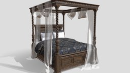Four-Poster Canopy Bed wooden, ornate, bed, sleep, luxury, antique, carving, silk, lace, carved, curtain, comfort, curtains, bedding, satin, drapes, wood