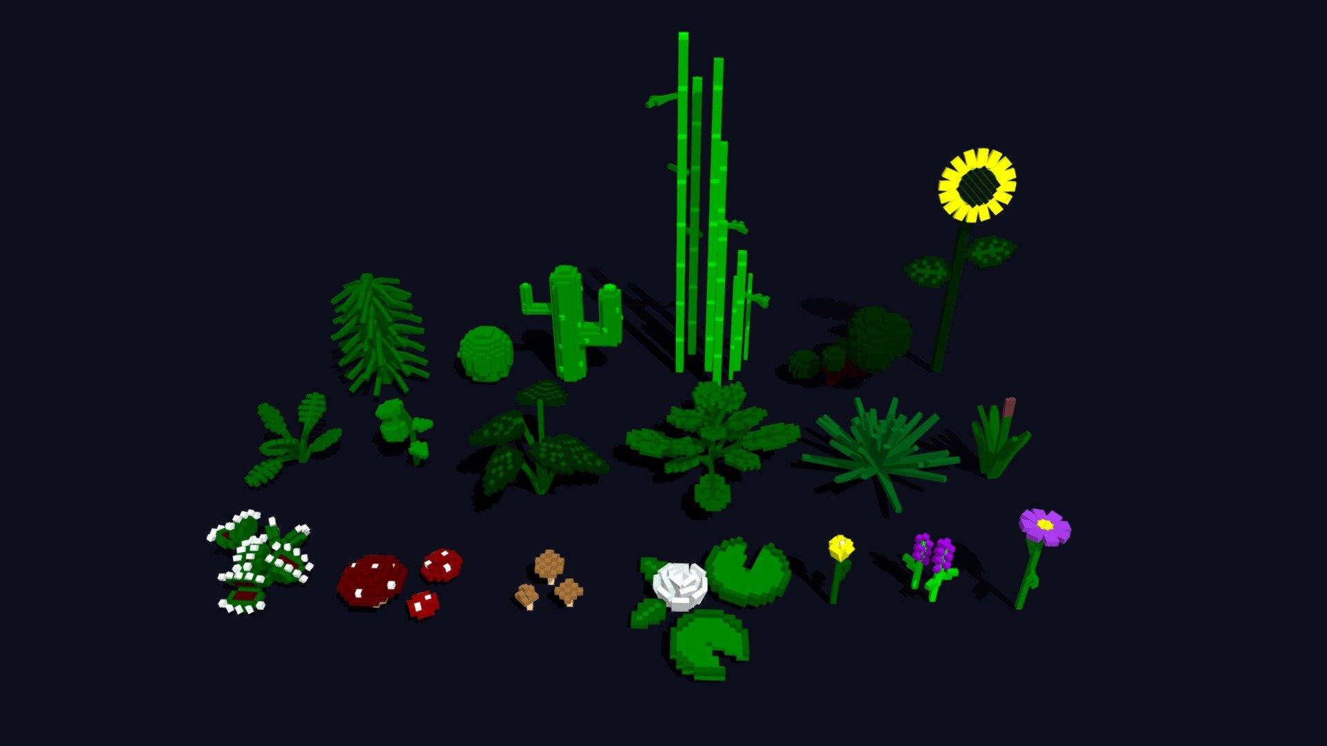 Plants Pack made in voxel style !

Contains 50 items and will get updated with more items !

Low Poly Stylized plant for your game.

All Plants that are on Plants Collection will include on that pack !

NOW from $30 to $20

---------------------------------------------------------- Content : ----------------------------------------------------------

50 Models




Plants 

Flowers 

Bamboo 

Mushrooms 

Carnivorous Plant 

Cactus 

Water Lilies

etc

*Flowers comes in many color variations like




Red

White

Orange

Pink

Blue

etc

By MrMustache - Plants Pack - 3D Voxel Low Poly Models - Buy Royalty Free 3D model by MrMGames 3d model