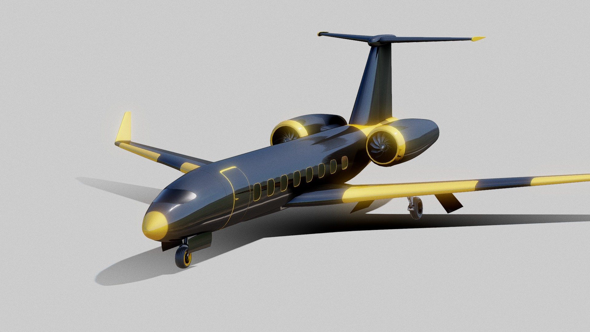 3D Model of a PRIVATE JET 





Software and Version:
   - The model was created using Blender 3D version 3.6.4




Model Details:
   - There are no detailed interior objects for this product.
   - Objects were named by objects and materials.
   - Wheels are jointed with other parts but can be detached to roll separately.
   - Elevators are detached but not rigged.
   - Preview images show how it looks when wheels are pulled in.
   - There is only one texture for the fuselage with windows and stripe details.
   - 2k Texture are provided . 




Statistics:
  Vertices    - 90,887
  Faces        - 87,359
  Triangles  - 174,819



Ready to drop into your 3D scene! Just drag and go for a render with Cycles.

If you have any specific questions or if there's something specific you'd like assistance with regarding this 3D model, feel free to ask! - PRIVATE JET - Buy Royalty Free 3D model by RG_models 3d model