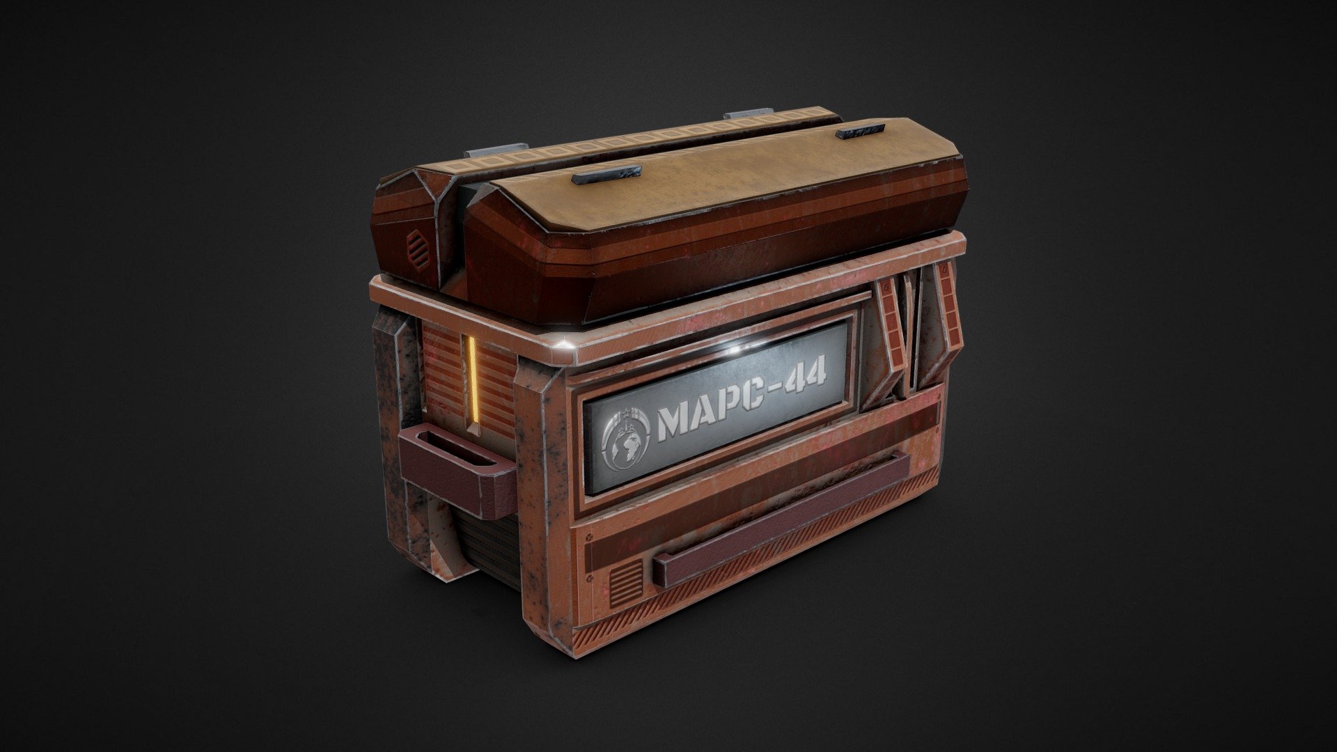 3D model of GAME READY Sci-Fi Prop box, inspired by Mass Effect.
The model was made with a texture resolution of 4096x4096.

1) THE MODEL CONSISTS OF:




479 Polys;

1168 Tris;

1130 Edges;

644 Verts;

4K Textures (AlbedoM, NormalM, RoughnessM, MetalM, IOR-M);

2) FILE PROPERTIES:




Version: 2007 (Only .DXF), 2011 (.FBX and .DWG), 2013;

Render: V-Ray 5.00;

Formats: Max 2013, 3DS, FBX, OBJ (.MTL), ABC, DAE, DWG, DXF;

3) ADDITIONAL INFORMATION:

Software used:




3D modeling: 3ds Max 2016;

UV Mapping: 3ds Max 2016;

Painting / Texturing: Substance Painter &amp; Photoshop;

My system specifications:




CPU: Intel Core i7 4770k 3.5GHz;

GPU: GeForce GTX 760 2GB;

RAM: DDR3 8GB;

OS: Windows 10;

In the zip file you will find the textures for the model.
Whole scene setuped and fully ready to render in Vray. All materials setuped in Vray.
I wish you happiness and health! - C3 - Sci-Fi Container 4 - 3D model by jordnu 3d model