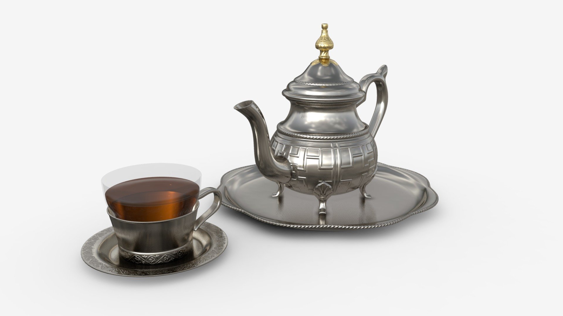 Silver Teapot and Cup with Tea - Buy Royalty Free 3D model by HQ3DMOD (@AivisAstics) 3d model