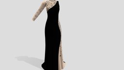 Luxury Beaded Long Black Prom Dress train, one, arm, luxury, fashion, girls, long, clothes, single, dress, transparent, gown, beautiful, womens, sleeve, wear, evening, beads, prom, beaded, pbr, low, poly, female, black