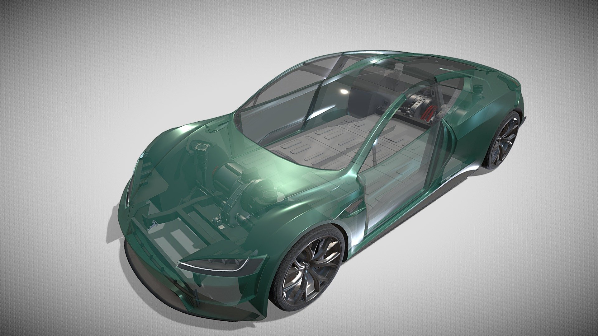Tesla Roadster with full chassis (battery pack, 3 motor setup, brakes, linkages, suspension, steering) 3d model rendered with Cycles in Blender, as per seen on attached images.

File formats:
-.blend, rendered with cycles, as seen in the images;
-.blend, rendered with cycles, with a see-through of the chassis, as seen in the images;
-.obj, with materials applied;
-.dae, with materials applied;
-.fbx, with material slots applied;
-.stl;

Files come named appropriately and split by file format.

3D Software:
The 3D model was originally created in to Blender 2.79 and rendered with Cycles.

Materials and textures:
The models have materials applied in all formats, and are ready to import and render.
The models come with no image textures as everything is material based.

Preview scenes:
The preview images are rendered in Blender using its built-in render engine &lsquo;Cycles' 3d model