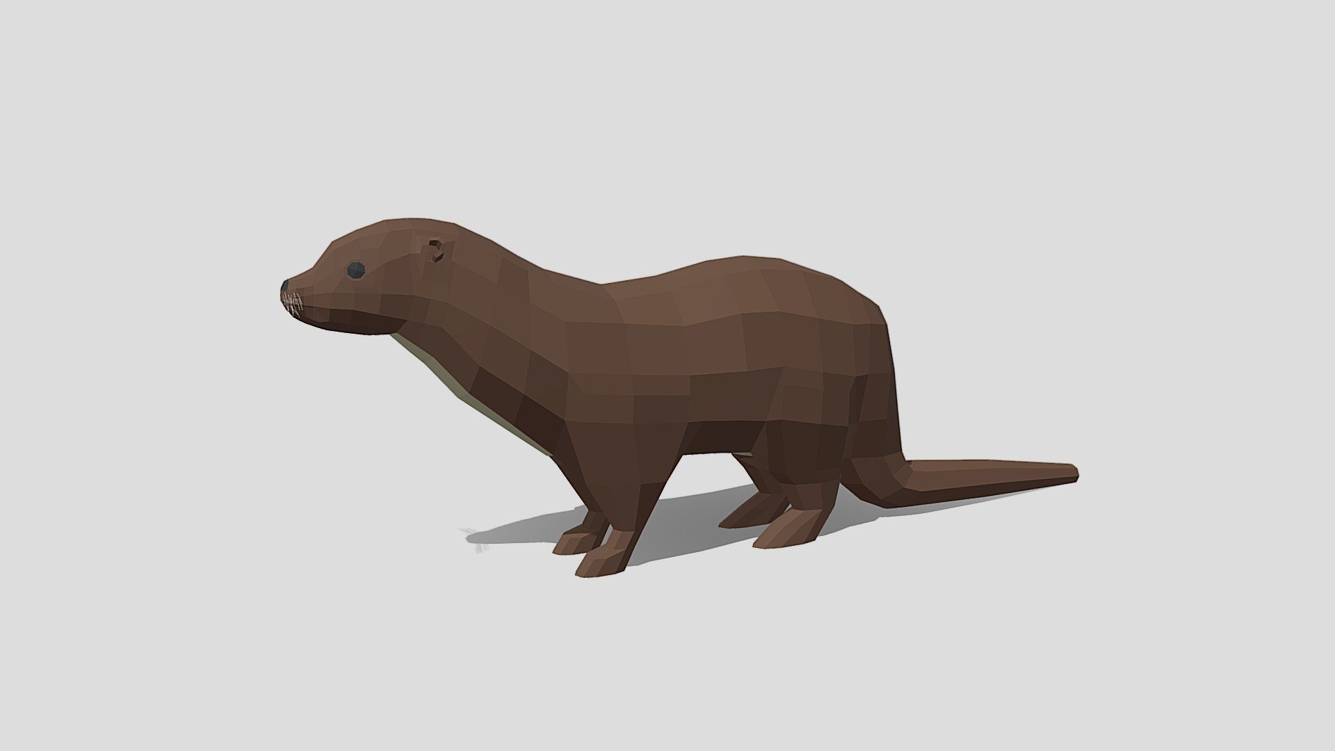 This is a low poly 3d model of an otter. The low poly otter was modeled and prepared for low-poly style renderings, background, general CG visualization presented as a mesh with quads only.

Verts : 1.332 Faces: 1.286

The 3D model have simple materials with diffuse colors.

No ring, maps and no UVW mapping is available.

The original file was created in blender. You will receive a 3DS, OBJ, FBX, blend, DAE, Stl.

All preview images were rendered with Blender Cycles. Product is ready to render out-of-the-box. Please note that the lights, cameras, and background is only included in the .blend file. The model is clean and alone in the other provided files, centred at origin and has real-world scale 3d model