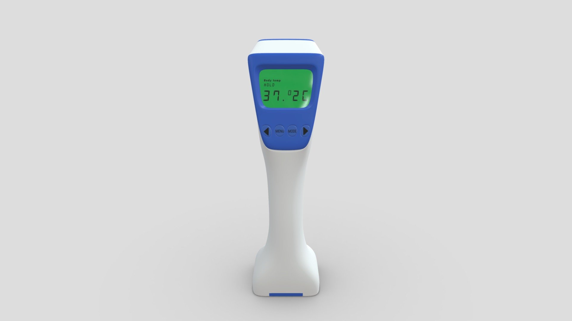 This model is an original design of a generic unbranded infrared thermometer for medical purposes.

Copyright and patent infringement is a big deal so I designed this generic device that can be safely used for any educational purpose to show how an infrared thermometer is used while you'll avoid doing advertising for a specific brand inadvertently. 

So you'll find a lot of 3d models of infrared thermometers that are identical to existing commercial branded devices but this one is unique and has a stylized futuristic design.

This particular version is high poly but I can provide a low poly version if needed 3d model