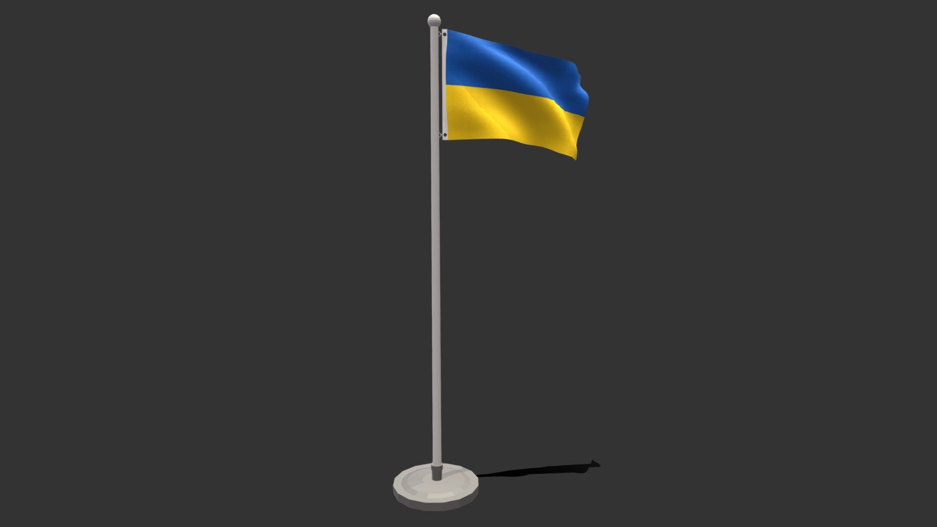 This is a low poly 3D model of an animated flag of Ukraine. The low poly flag was modeled and prepared for low-poly style renderings, background, general CG visualization presented as 2 meshes with quads only.

Verts : 1.536 Faces : 1.459.

1024x1024 textures included. Diffuse, roughness and normal maps available only for flag. The pole have simple materials with colors.

The animation is based on shapekeys, 248 frames and seamless, no rig included.

The original file was created in blender. You will receive a OBJ, FBX, blend, DAE, Stl, gLTF, abc.

PLEASE NOTE Animation icluded only in blend, abc and glTF files.

Warning: Depending on which software package you are using, the exchange formats (.obj , .dae, .fbx) may not match the preview images exactly. Due to the nature of these formats, there may be some textures that have to be loaded by hand and possibly triangulated geometry 3d model