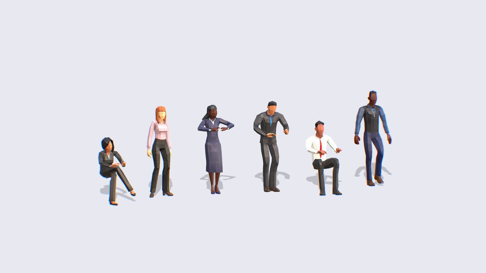 OFFICE &amp; BUSINESS PEOPLE
Our animated and rigged low poly people packs come in a variety of styles and themes, from realistic and sci-fi to fantasy, and are expertly crafted to provide seamless integration into your workflow. Our experienced team animators and riggers have painstakingly created each character to ensure they move and behave with a lifelike quality that will captivate your audience.

Includes:




Independent Rest Pose in files: FBX, OBJ, GLB -for easy rigging

Independent Animated -FBX, BLEND (Native) -file includes all 6 animations

Textures created for the pack.

PROPS AND EXTRA MODELS INCLUDED AS SEEN ON 3D MODEL
Make your crowds stand out from your competition with our collection of low poly people with amazing possibilities.





This pack is the first that we upload with our 3RD GENERATION of Animated Low-Poly People and it will be included in The Compilation
 - Business People Pack - Animated & Rigged - Buy Royalty Free 3D model by Studio Ochi (@studioochi) 3d model